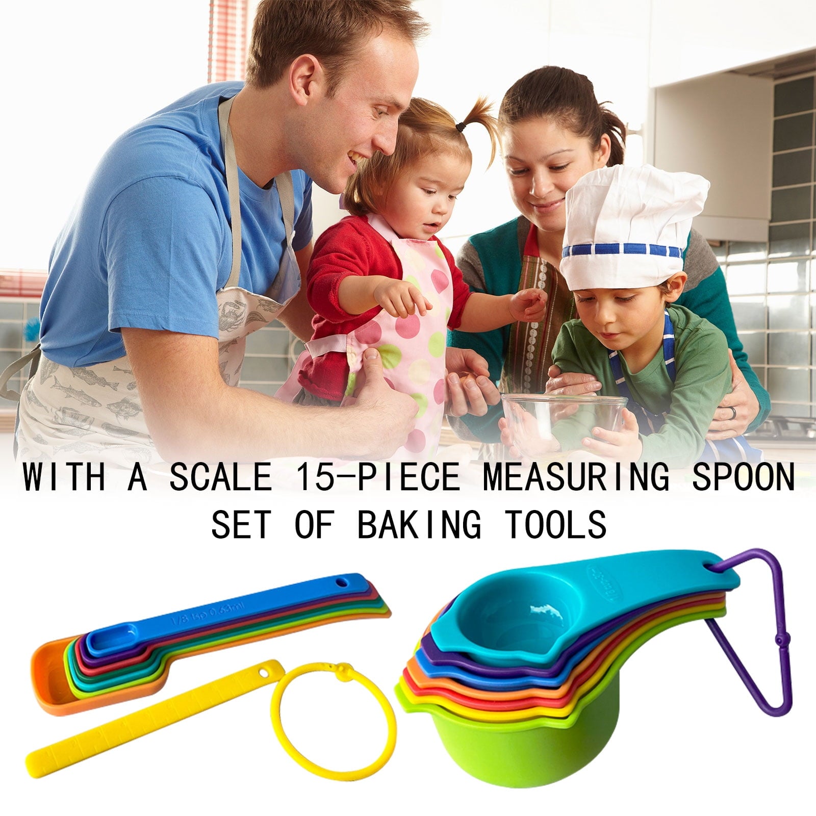 Clearance! JATOK Plastic Measuring Cups and Spoons Set Measuring Cups Set with Spout & Leveler 15 Pcs Colorful Kitche... - Image 5