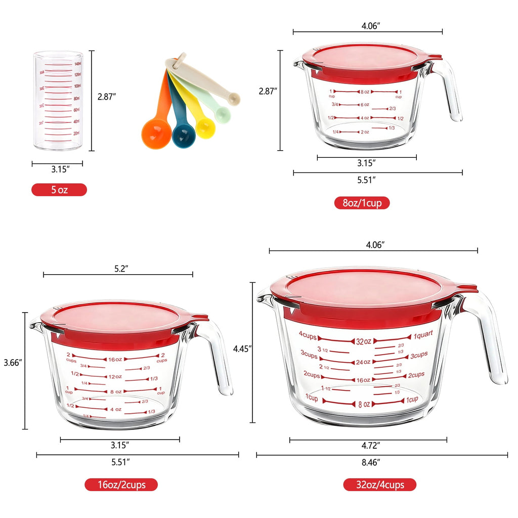 TAIMASI 9 Pcs Glass Measuring Cups Set with Lids, 4-Cup, 2-Cup, 1-Cup, 5 oz Liquid Measuring Cups & 5 Measuring Spoon... - Image 2