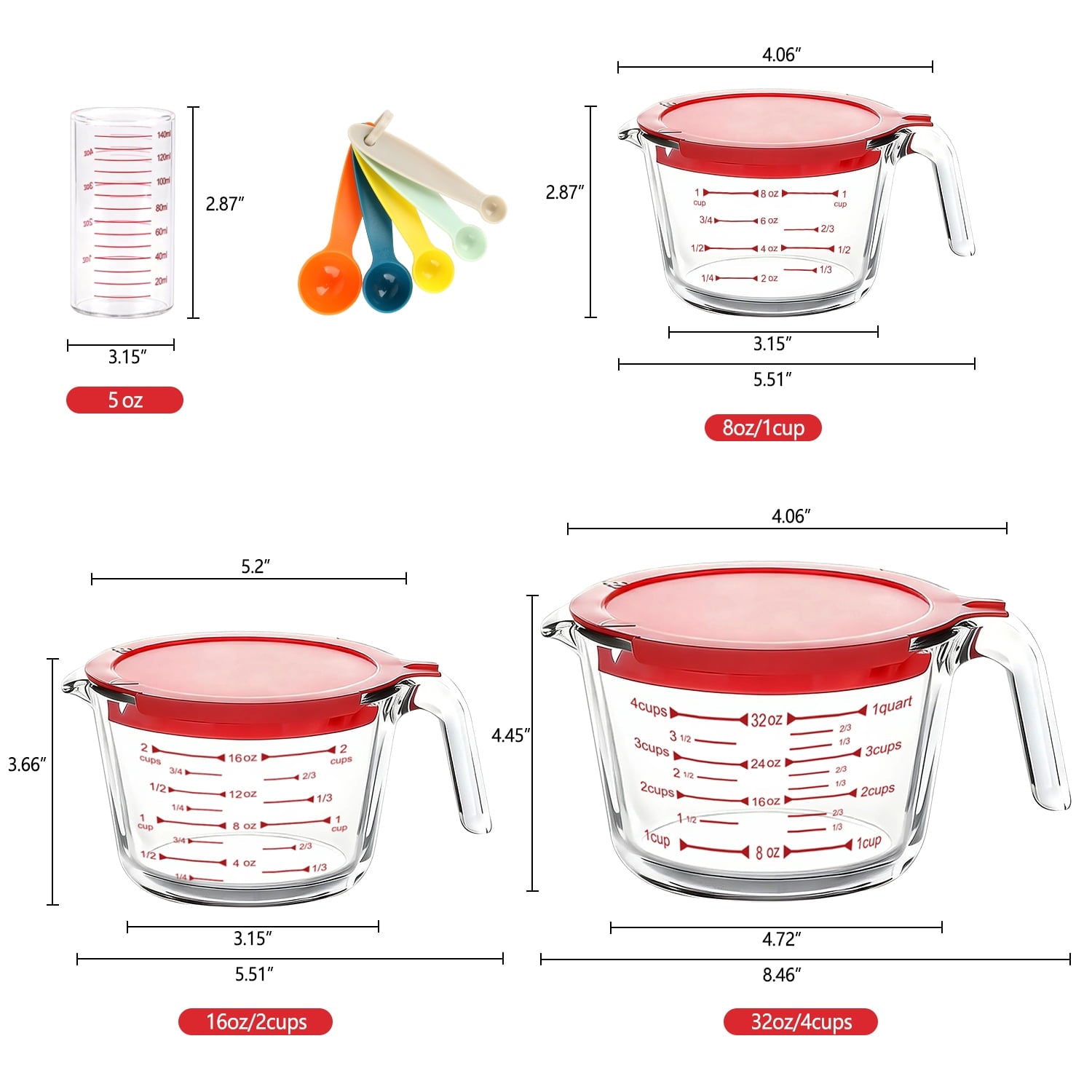 TAIMASI 9 Pcs Glass Measuring Cups Set with Lids, 4-Cup, 2-Cup, 1-Cup, 5 oz Liquid Measuring Cups & 5 Measuring Spoon... - Image 2