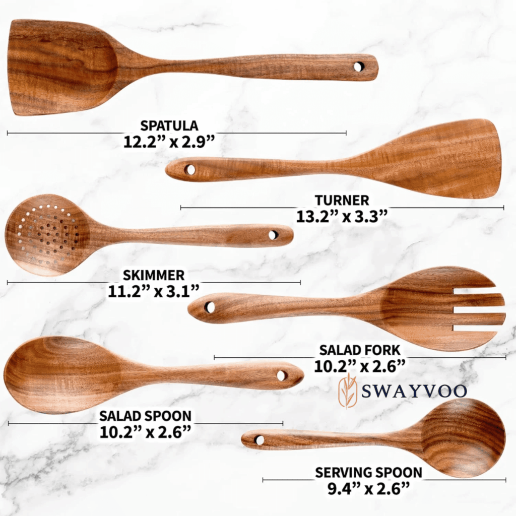 Swayvoo Wooden Spoons for Cooking, 6-Piece 100% Natural Teak Wooden Utensils for Cooking — Heat Resistant, Non-Stick ... - Image 3