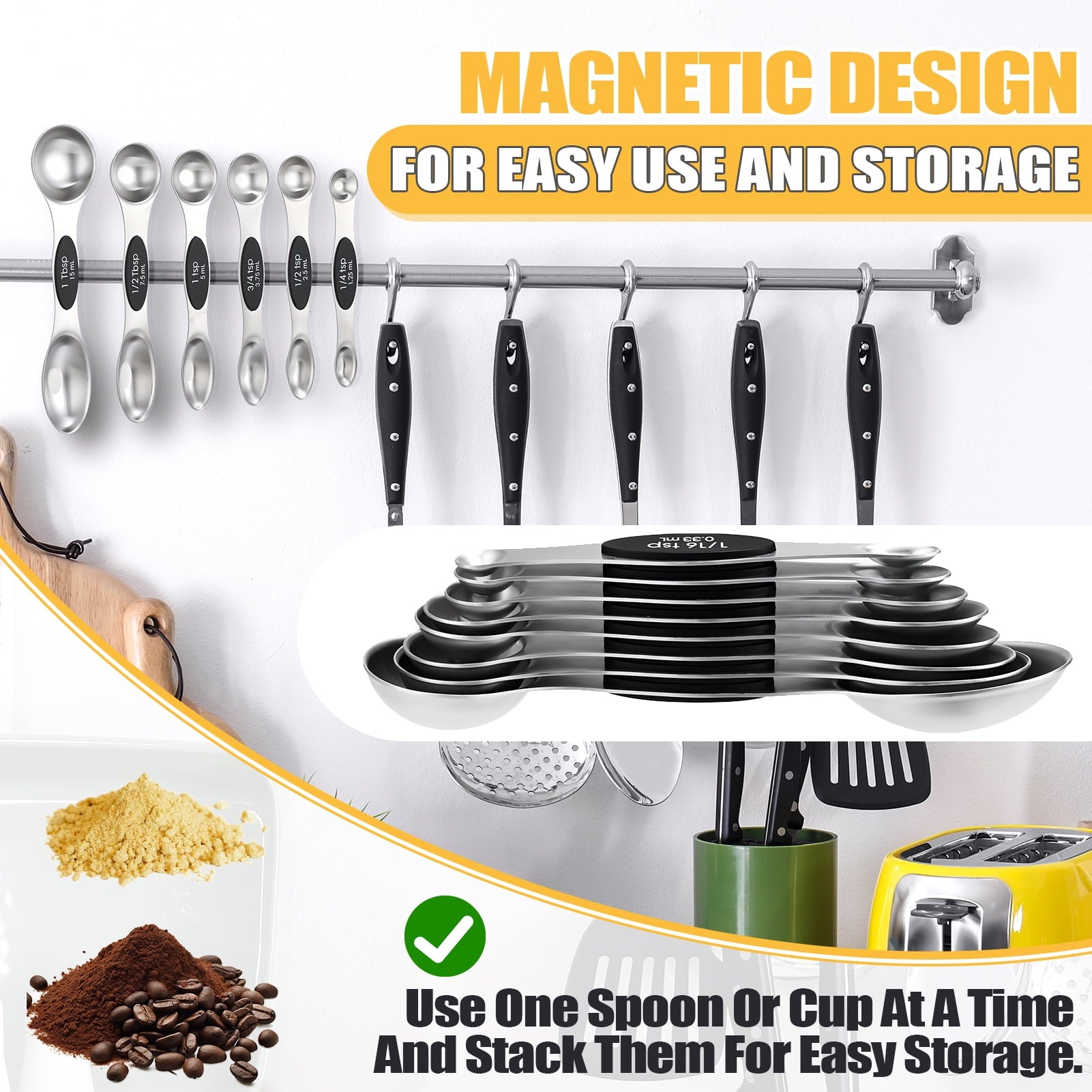 AOWOO 17 Pieces Measuring Cups and Magnetic Measuring Spoons Set Stainless Steel, 8 Measure Cups with Silicone Handle... - Image 5