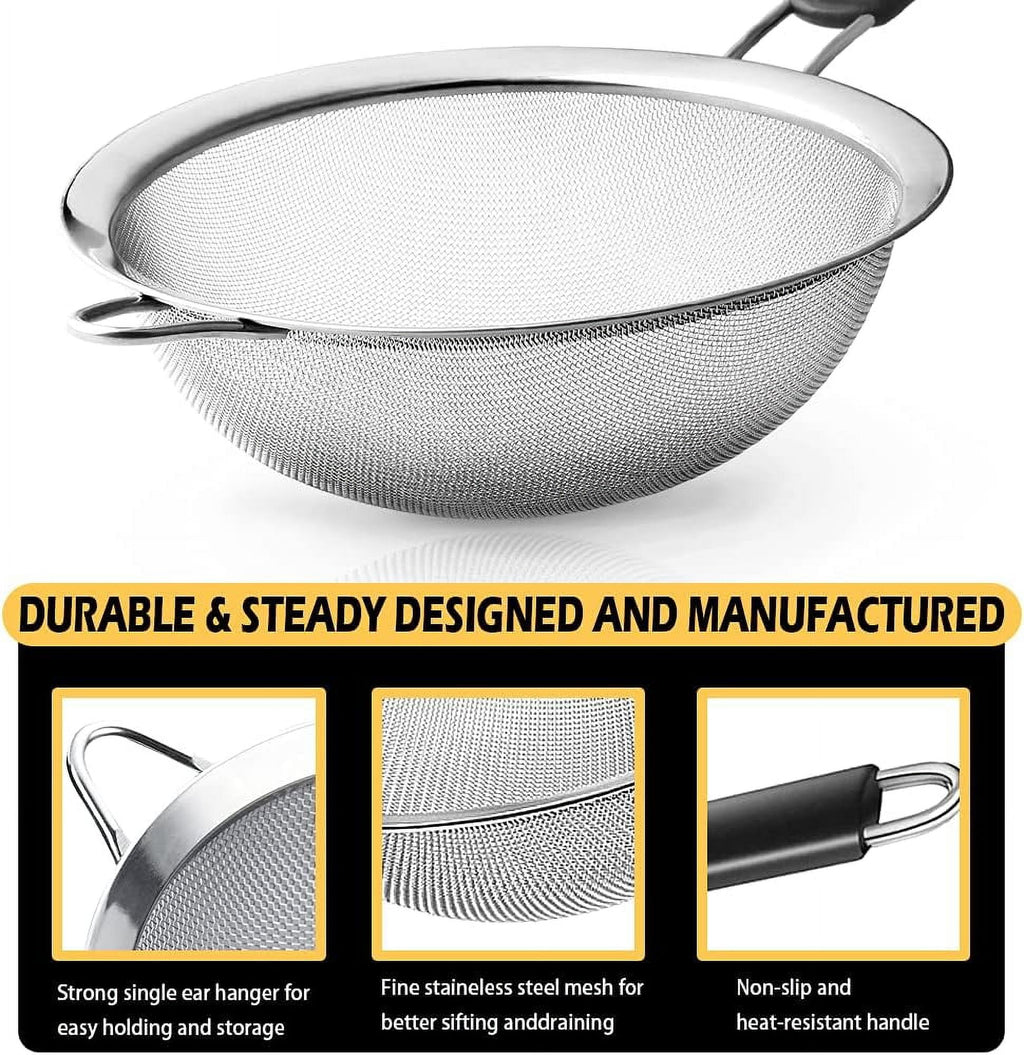 3 Pack Fine Mesh Strainers 3", 5", 8" Kitchen Sieves Sifters Strainers Set for Pasta Rice Quinoa Food Flour Baking - Image 3