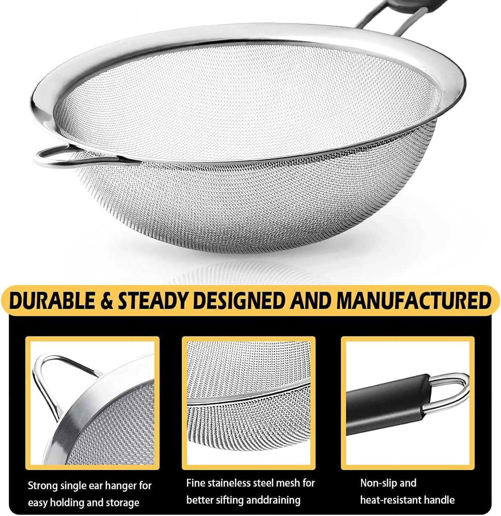 3 Pack Fine Mesh Strainers 3", 5", 8" Kitchen Sieves Sifters Strainers Set for Pasta Rice Quinoa Food Flour Baking - Image 3
