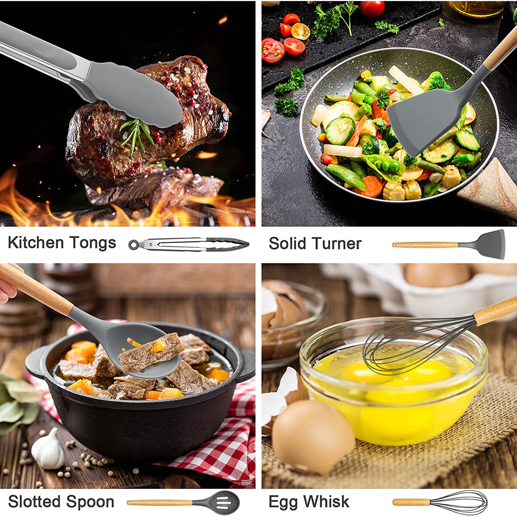 34PCS Silicone Cooking Utensils Set, 446°F Heat Resistant Wooden Handle Cooking Kitchen Utensils Spatula Set with Hol... - Image 6