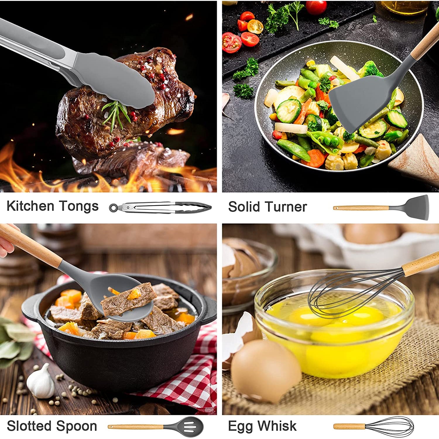 34PCS Silicone Cooking Utensils Set, 446°F Heat Resistant Wooden Handle Cooking Kitchen Utensils Spatula Set with Hol... - Image 6