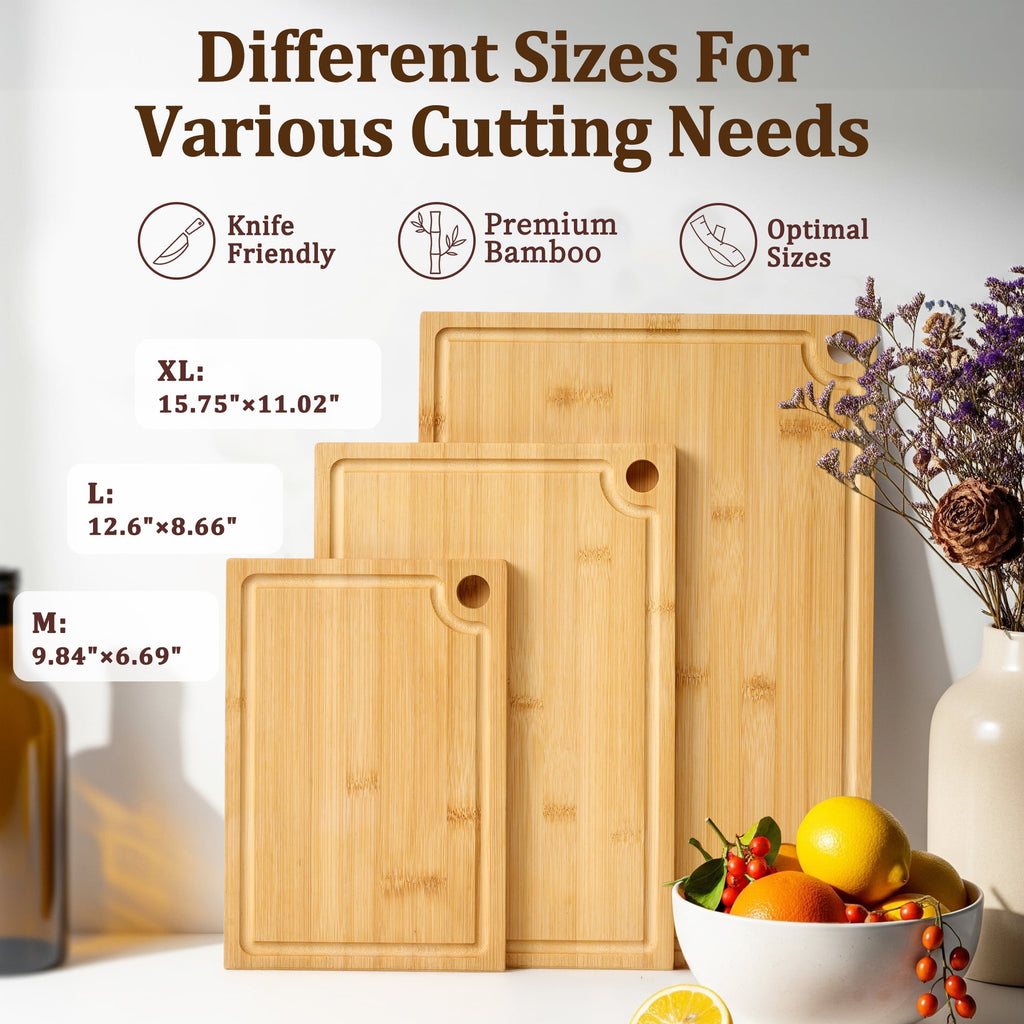 Kikcoin Bamboo Cutting Board, 3 Pcs Cutting Board with 3 Hooks, Wood Chopping Boards for Kitchen, Deep Juice Groove f... - Image 2