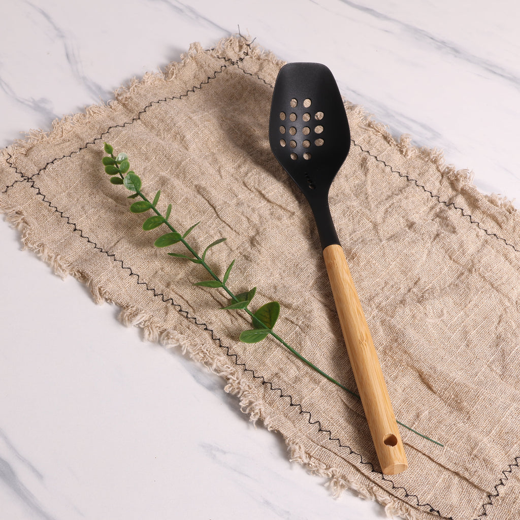 Mainstays Nylon Slotted Cooking Spoon with Bamboo Handle, 12.6"2.7", Nylon & Bamboo, Black - Image 5