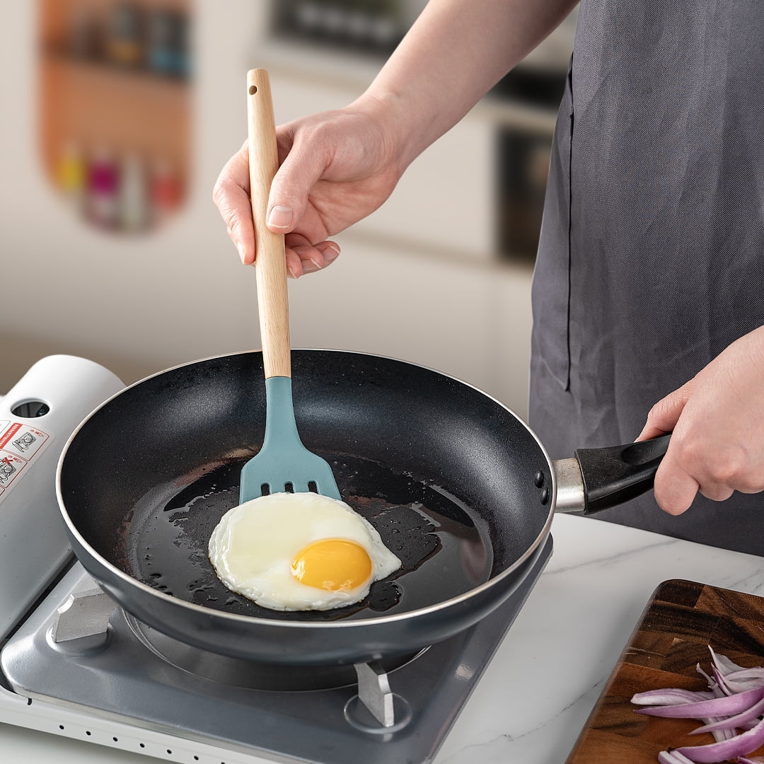 KSENDALO Small Silicone Cooking Utensils with Holder Set (12Pack), Aqua Kitchen Tools with Wooden Handle for Nonstick... - Image 4