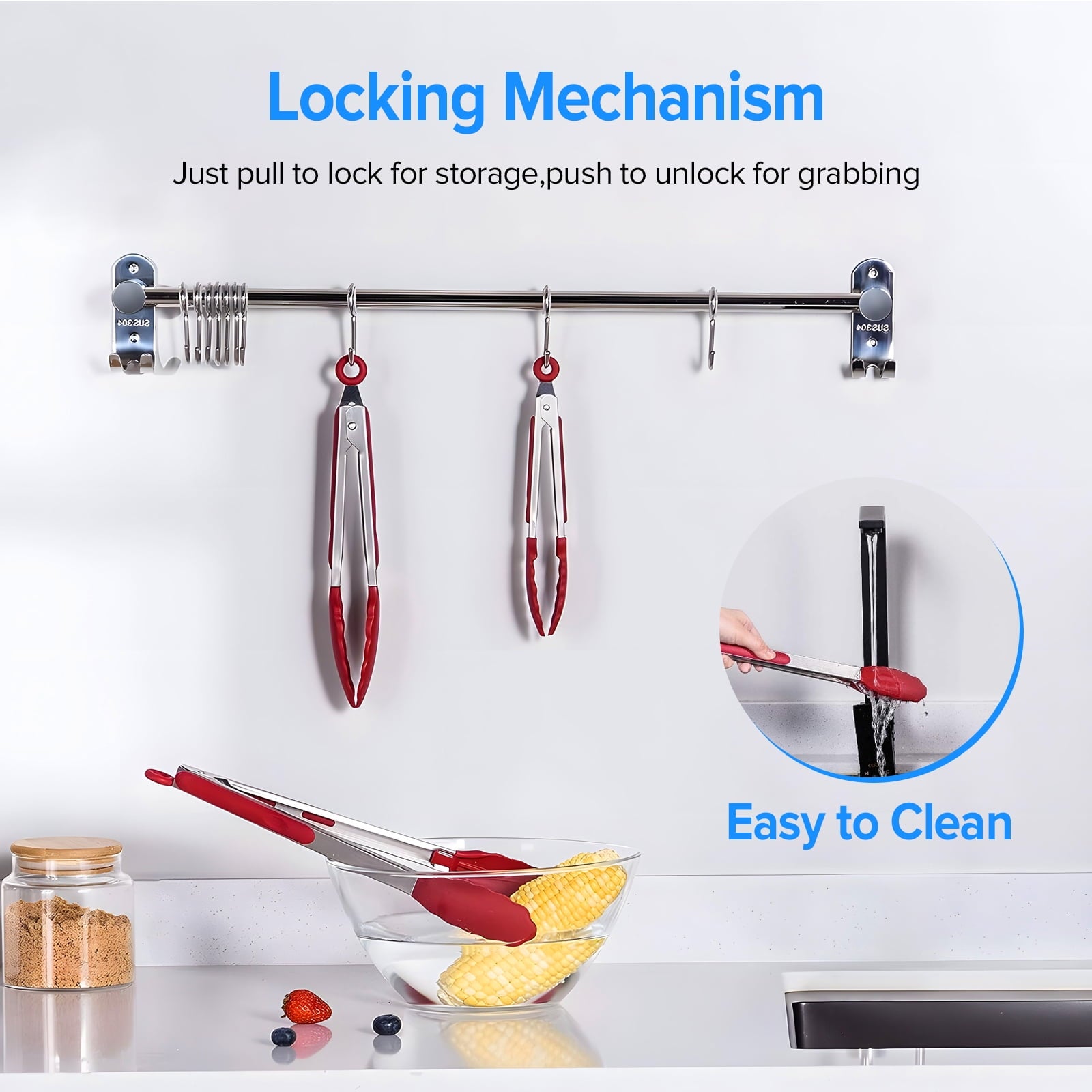 Bundlepro Stainless Steel Kitchen Locking Cooking Tongs with Silicone Tips,Set of 3-7" 9" 12", Red - Image 3