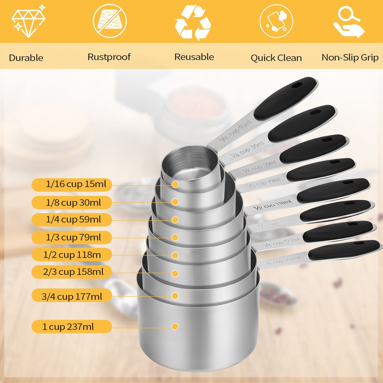 AOWOO 17 Pieces Measuring Cups and Magnetic Measuring Spoons Set Stainless Steel, 8 Measure Cups with Silicone Handle... - Image 3