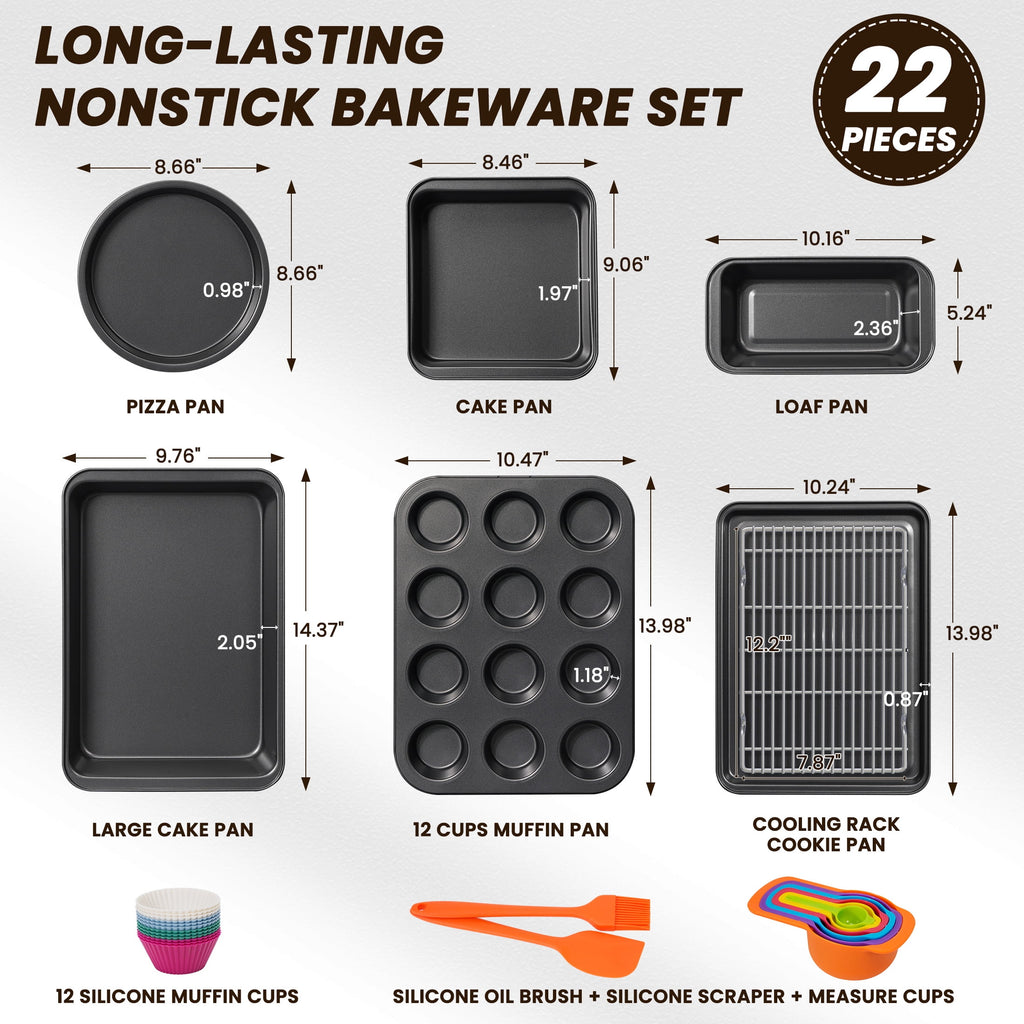 Kikcoin Bakeware Set, 22 Pcs Carbon Steel Non-Stick Baking Pan Set, Baking Sheet for Kitchen, Muffin Pan & Cookie She... - Image 2