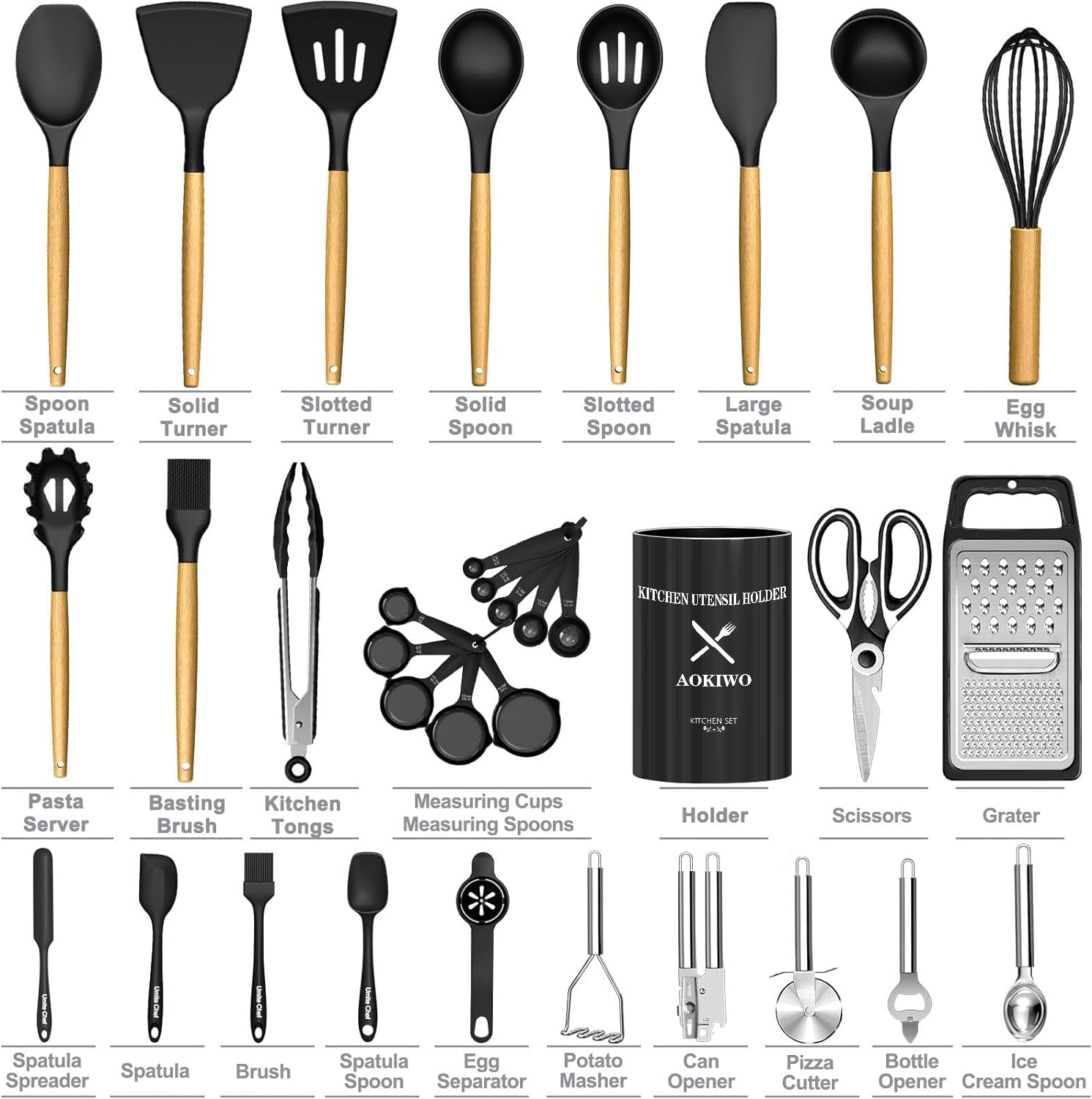 Kitchen Utensil Set, AOKIWO 34Pieces Silicone Cooking Utensil Set with Wooden Handle, Heat Resistant Spatula Set Gadg... - Image 3