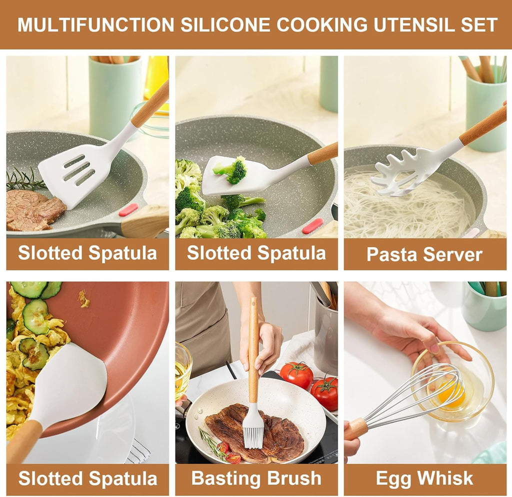 Behome Cooking Utensils Set, 12 packs Non-Stick Silicone Cooking Kitchen Utensils Spatula Set with Wooden Handles and... - Image 2