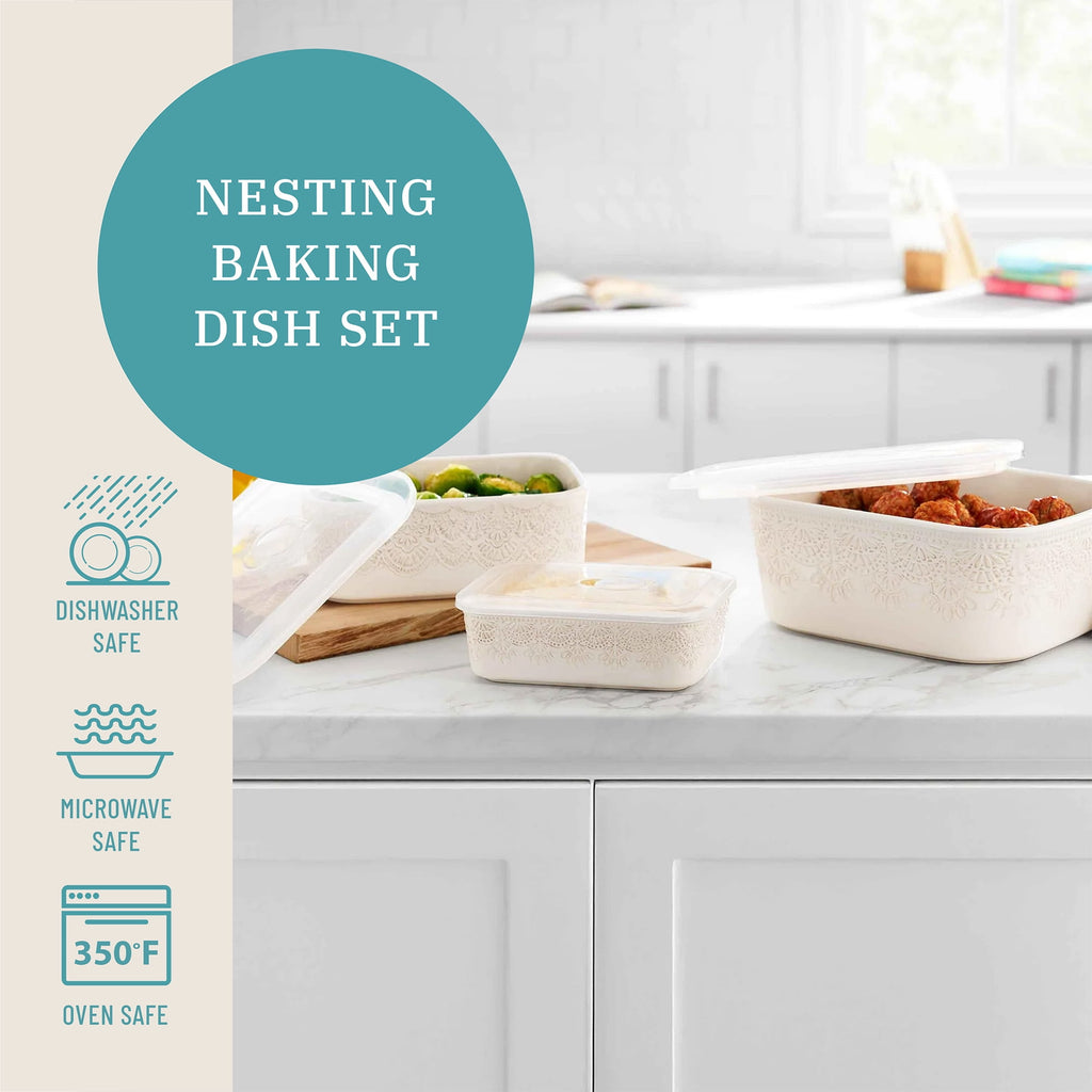 The Pioneer Woman Vintage Lace 6-Piece Nesting Casserole Baking Dish Bakeware Set with Lids, Linen - Image 4