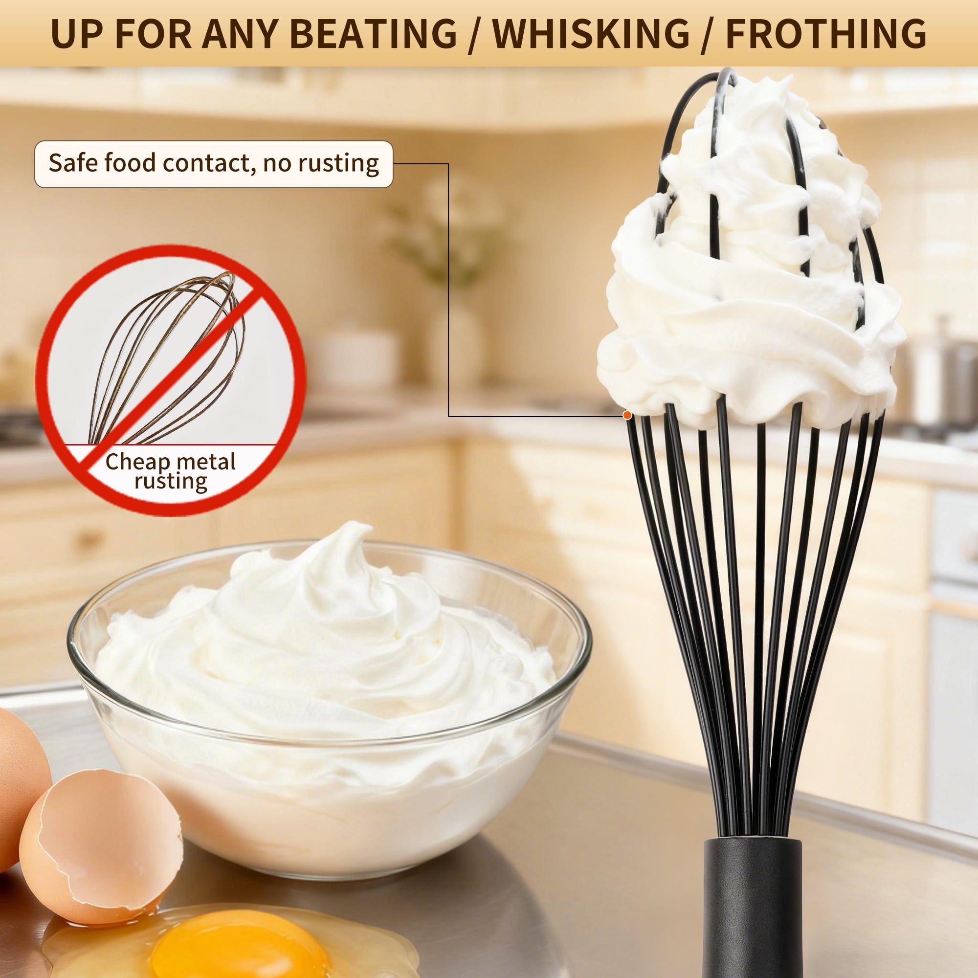 Silicone Wire Whisk, MOJINO Egg Beater Set of 3, Non Scratch Stainless Steel Kitchen Whisks for Cooking, Blending, Be... - Image 4