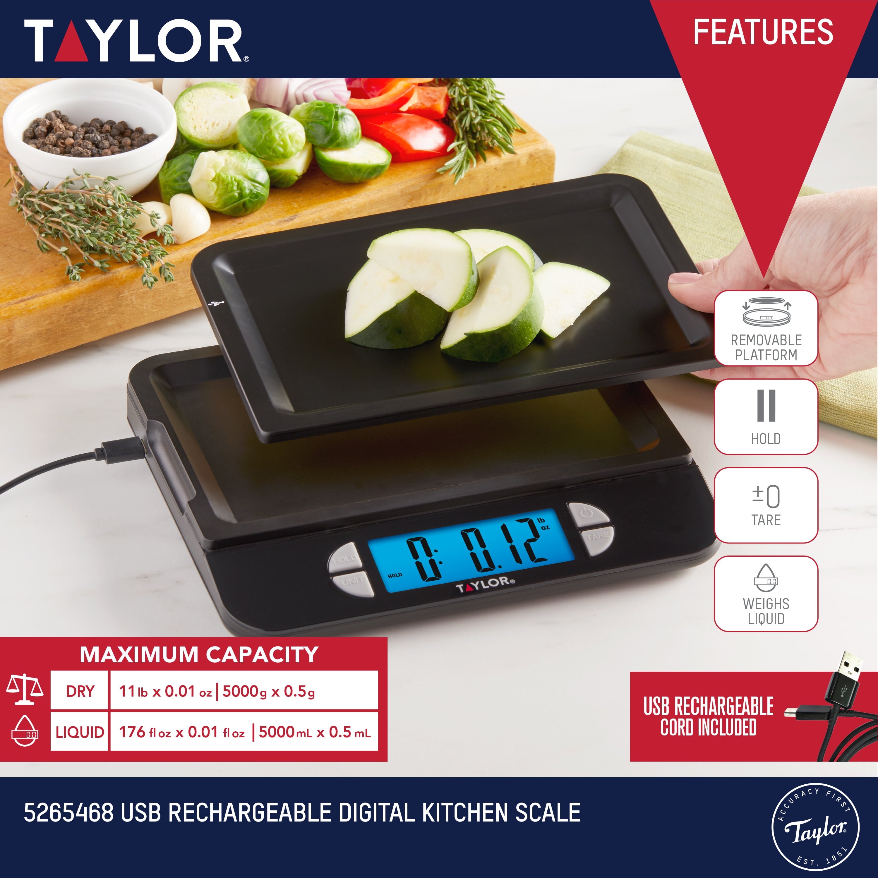 Taylor USB Rechargeable Precision Digital Kitchen Scale and Food Scale, 11 lb. Capacity Black - Image 2