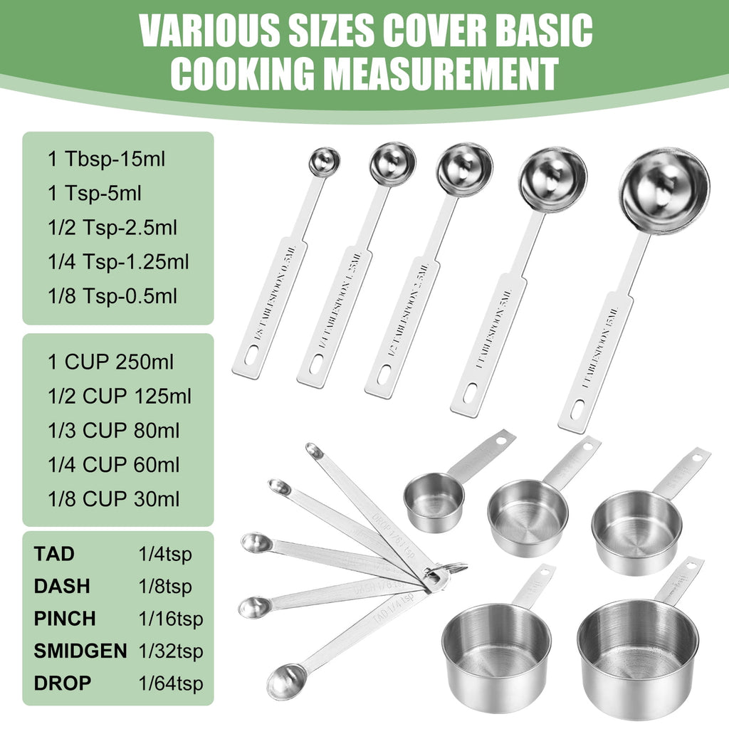 Measuring Cups and Spoons Set of 16, 5 Stainless Steel Nesting Measuring Cups & 5 Spoons, 1 + Leveler & 5 Mini Measur... - Image 6