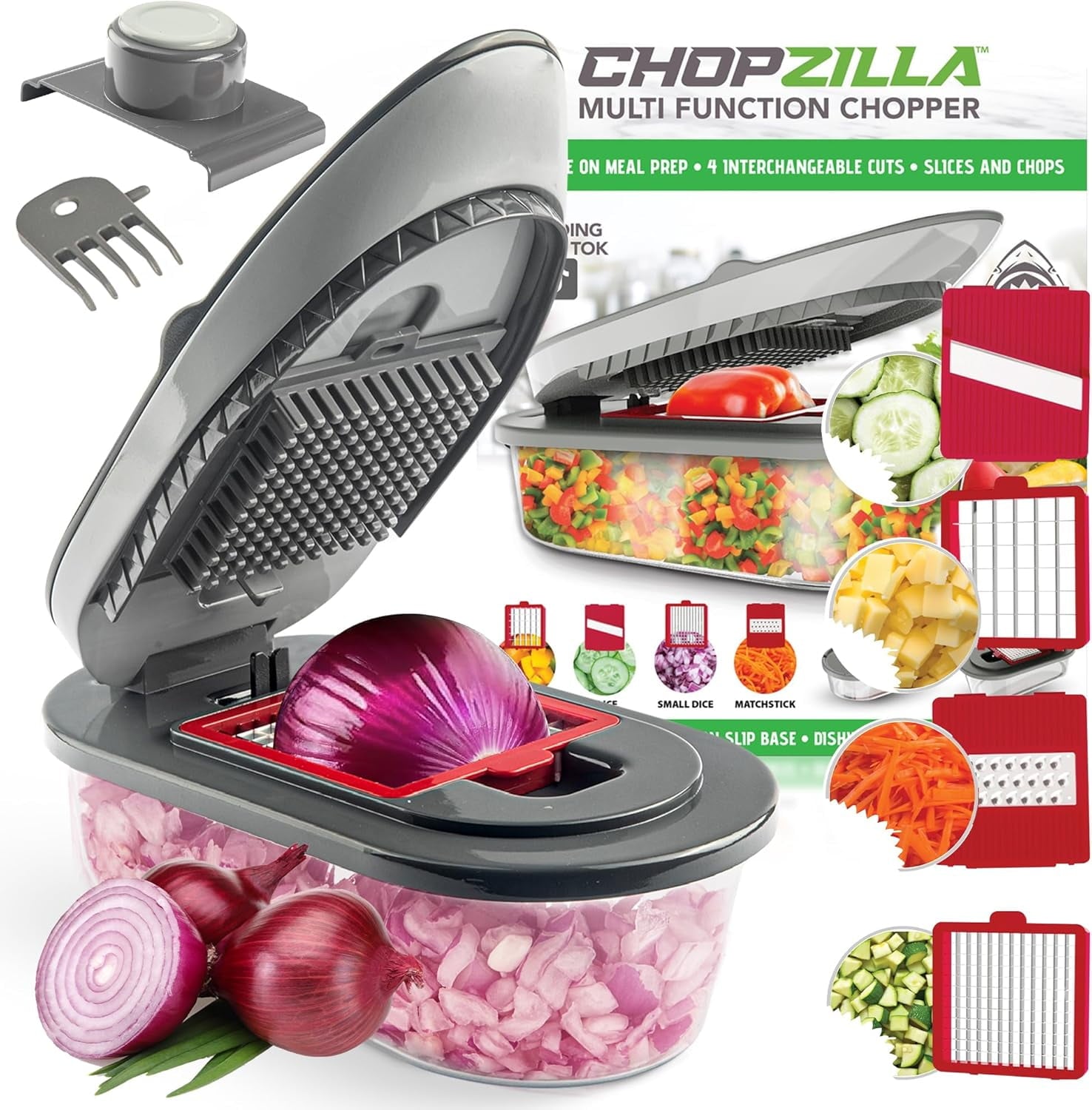 Chopzilla Mandoline Slicer Vegetable Chopper Cheese Grater Kitchen Food Dicer Veggie Potato Cutter 4 Blades Gray - Image 2