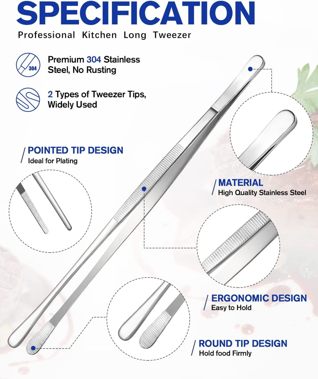Bundlepro 4 Pcs 10'' 12'' Kitchen Fine Tweezers Tongs for Grilling Cooking Serving,Hand Wash,Silver - Image 3