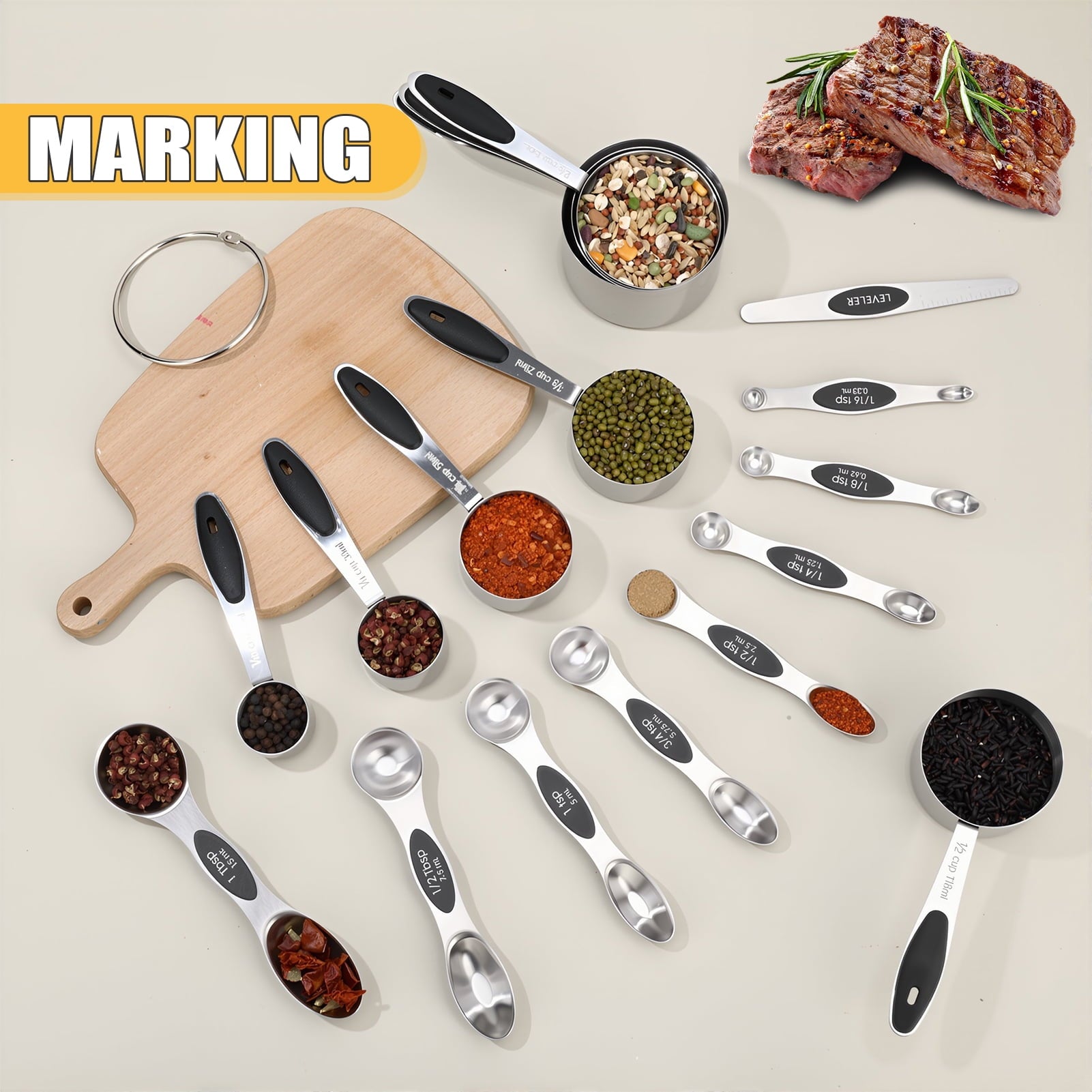 AOWOO 17 Pieces Measuring Cups and Magnetic Measuring Spoons Set Stainless Steel, 8 Measure Cups with Silicone Handle... - Image 6