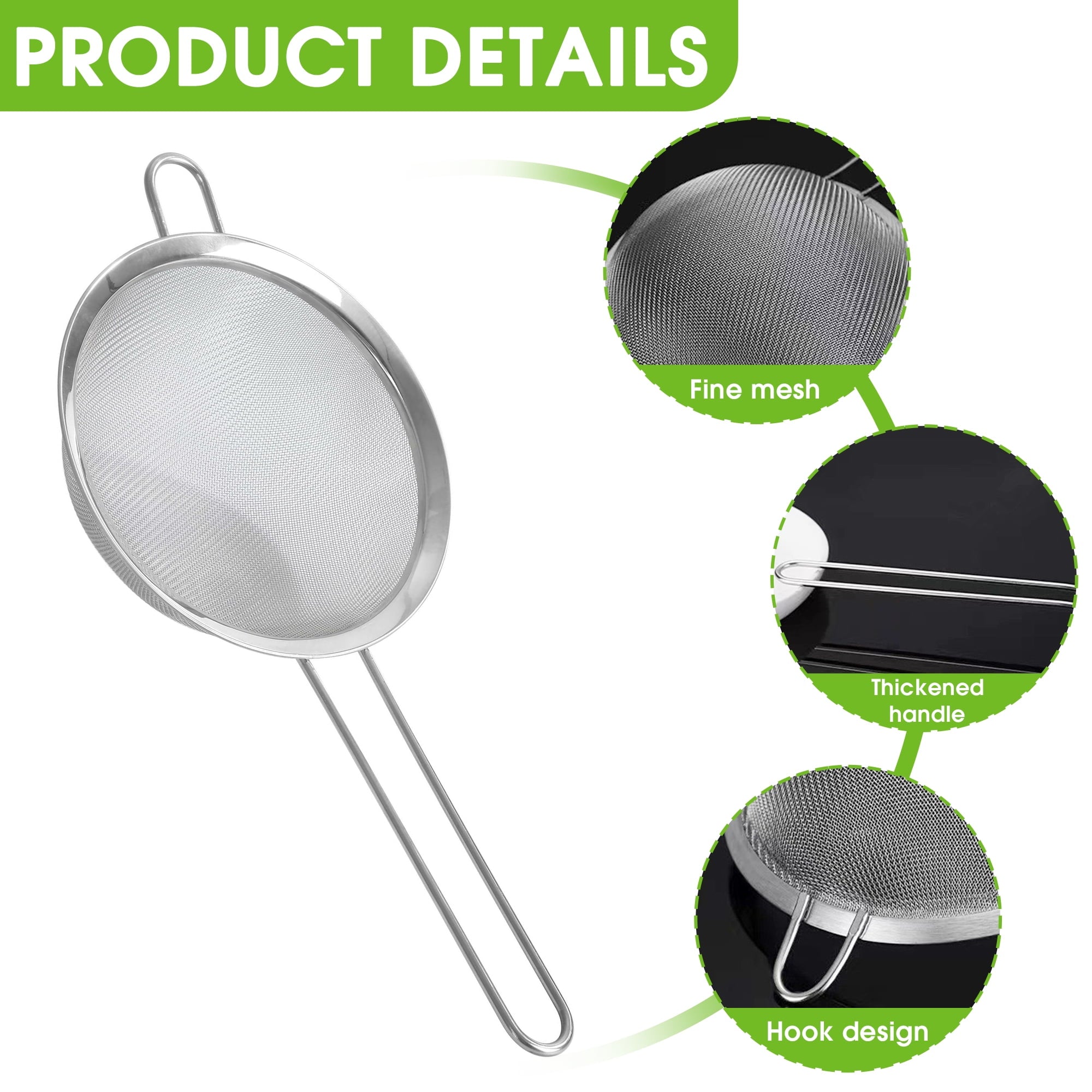 GARITIN 3-Piece Stainless Steel Fine Mesh Strainer Set, 4", 6", and 8", Kitchen Thin Mesh Strainer for Tea Flour Suga... - Image 3