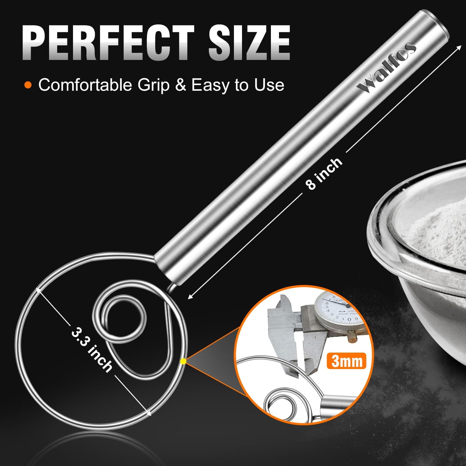 Walfos Danish Dough Whisk, Rustproof Stainless Steel Bread Whisk, Quick Mixing Bread Mixer, Dutch Dough Whisk for Coo... - Image 3