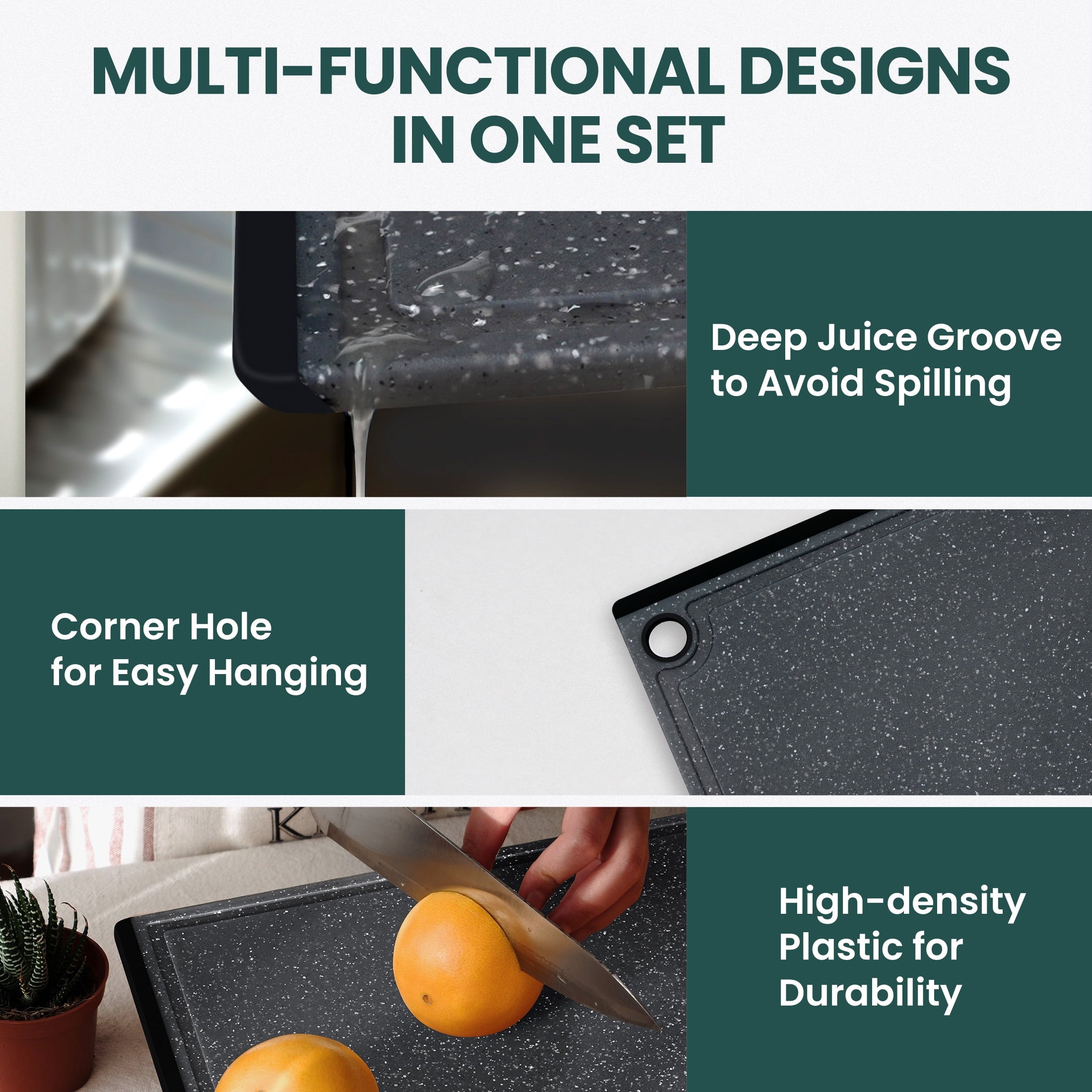 Kikcoin 3-Piece Plastic Large Cutting Boards Set for Kitchen, Chopping Board with Non-slip Feet and Juice Grooves - Image 4