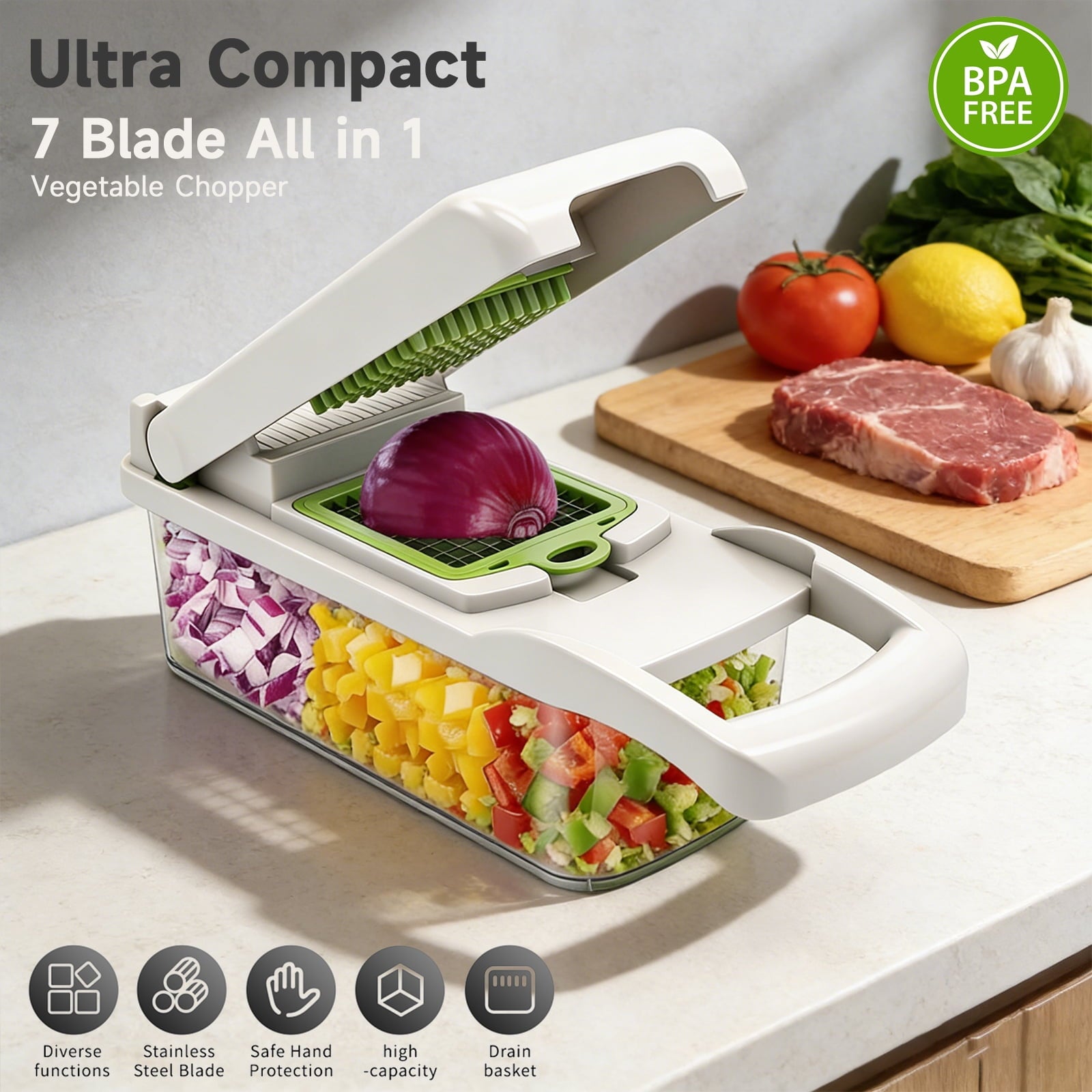 Aonhom Vegetable Chopper Food Slicer, 14 in 1 Food Chopper for Onion, Veggie, Cheese Grater, Vegetables Cutter With L... - Image 2
