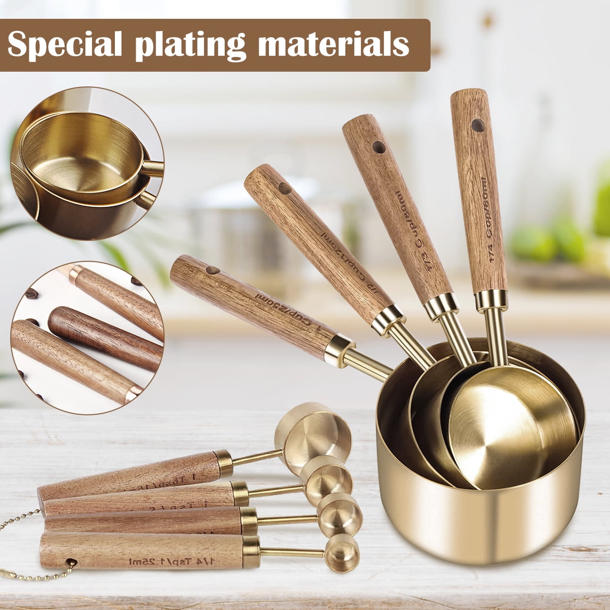 8Pcs Measure Cup and Spoon Set Gold Measuring Cup Spoon Set with Wooden Handle Stainless Steel Stackable Kitchen and ... - Image 3