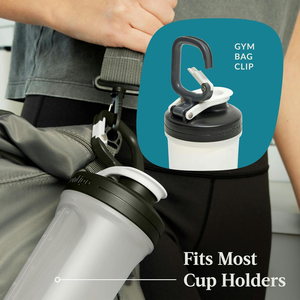 Water bottle clipped to a gym bag