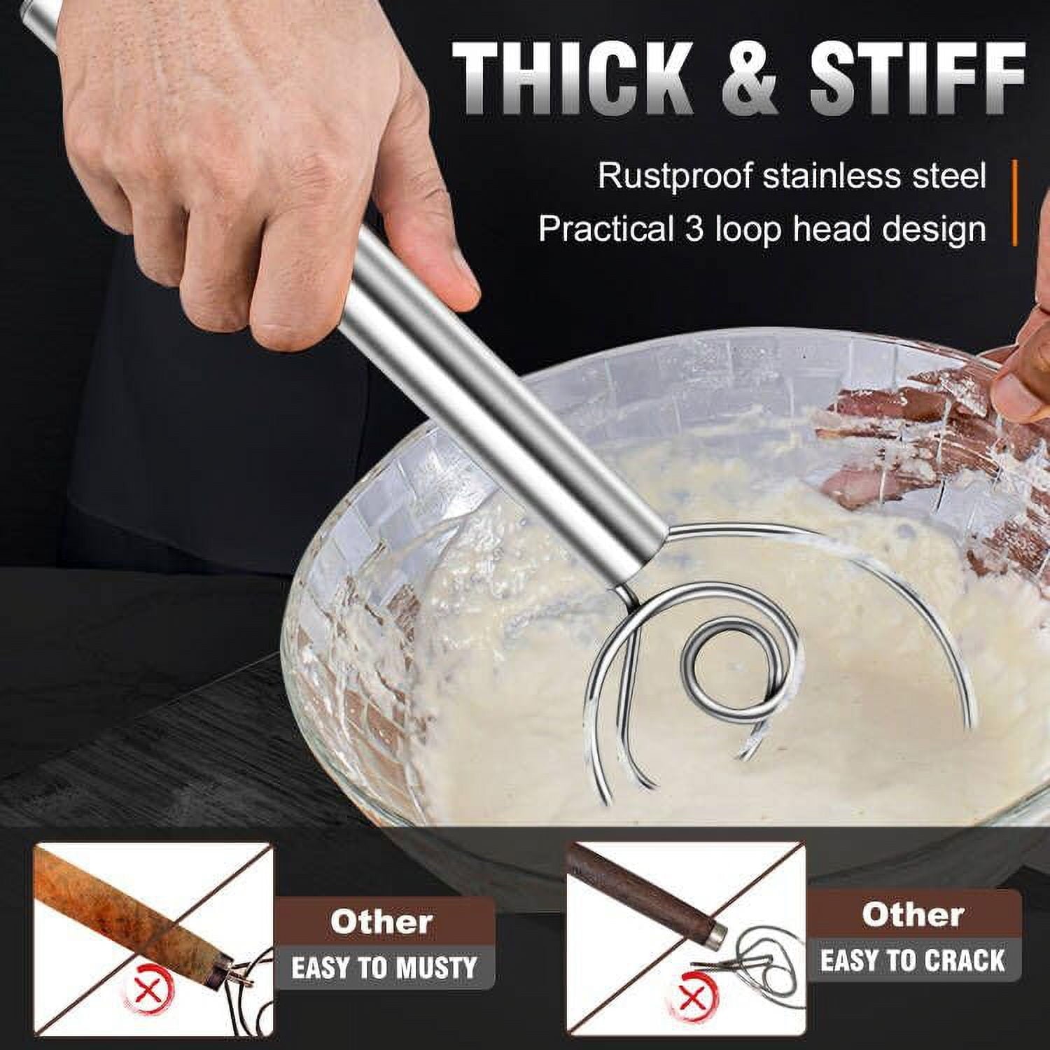 Walfos Danish Dough Whisk, Rustproof Stainless Steel Bread Whisk, Quick Mixing Bread Mixer, Dutch Dough Whisk for Coo... - Image 2