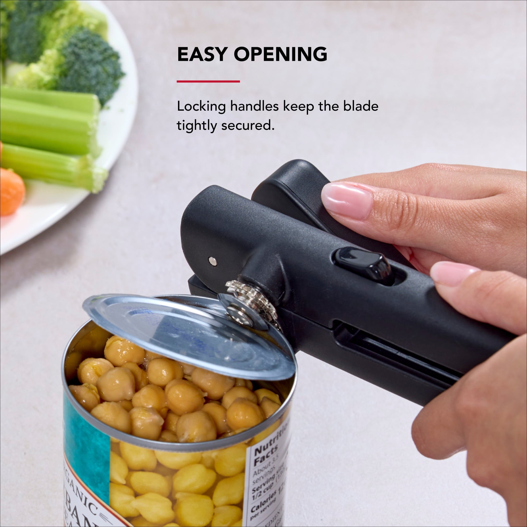 Stainless Steel Manual Can Opener with Locking Handles, Black - Image 2