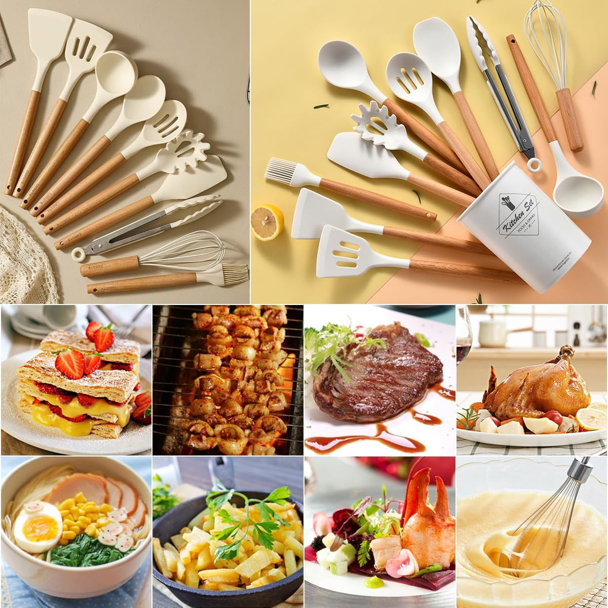 Behome Cooking Utensils Set, 12 packs Non-Stick Silicone Cooking Kitchen Utensils Spatula Set with Wooden Handles and... - Image 6