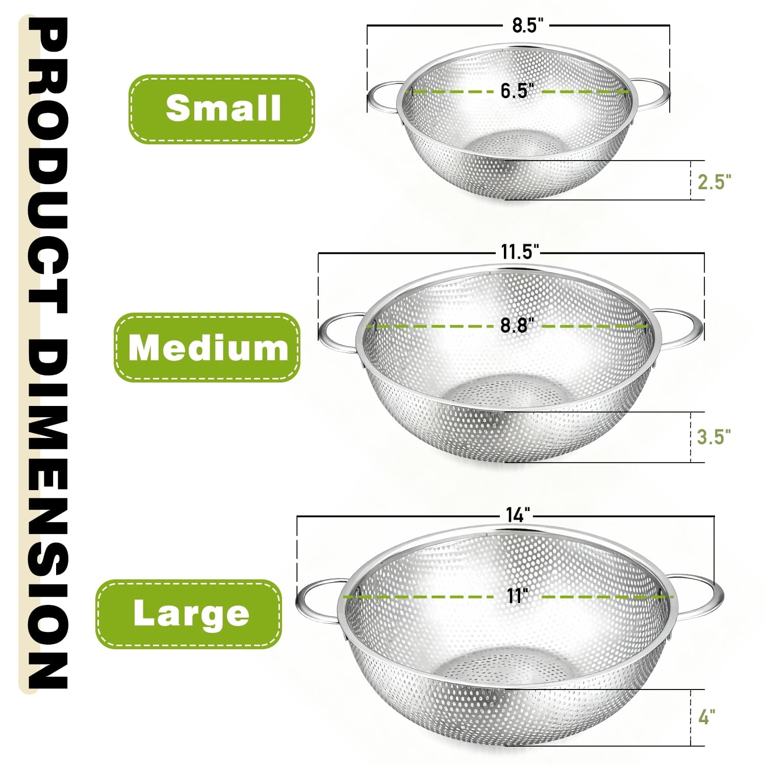 Colander Set of 3, AOKIWO Stainless Steel Micro-Perforated Colanders Strainers for Draining Rinsing Washing, Ideal fo... - Image 5