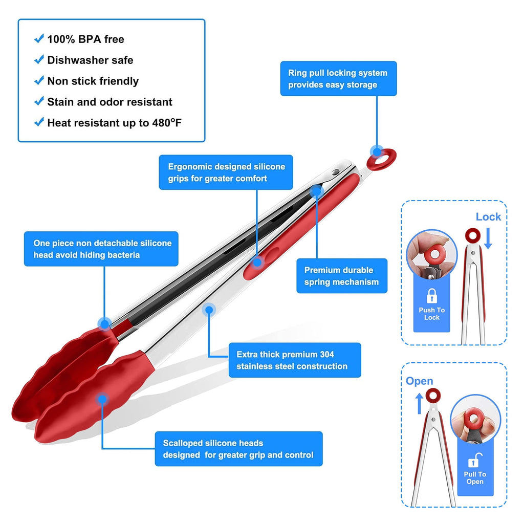 Bundlepro Stainless Steel Kitchen Locking Cooking Tongs with Silicone Tips,Set of 3-7" 9" 12", Red - Image 4