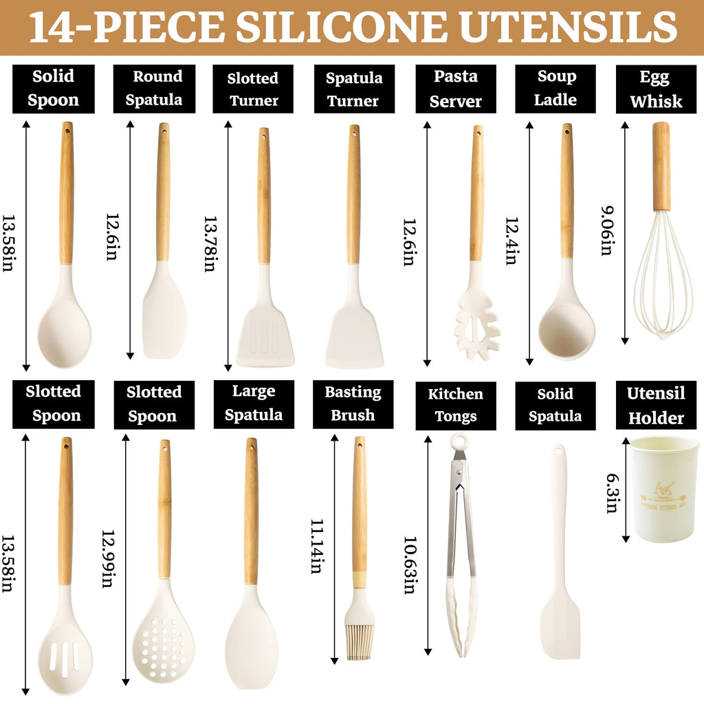 cisilov 14-Piece Silicone Cooking Utensils Set, Non-Stick Kitchen Utensil Set for Baking, Flipping, Mixing, White - Image 2