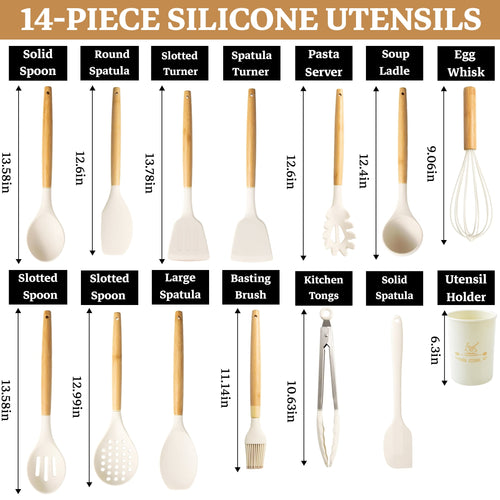 cisilov 14-Piece Silicone Cooking Utensils Set, Non-Stick Kitchen Utensil Set for Baking, Flipping, Mixing, White - Image 2