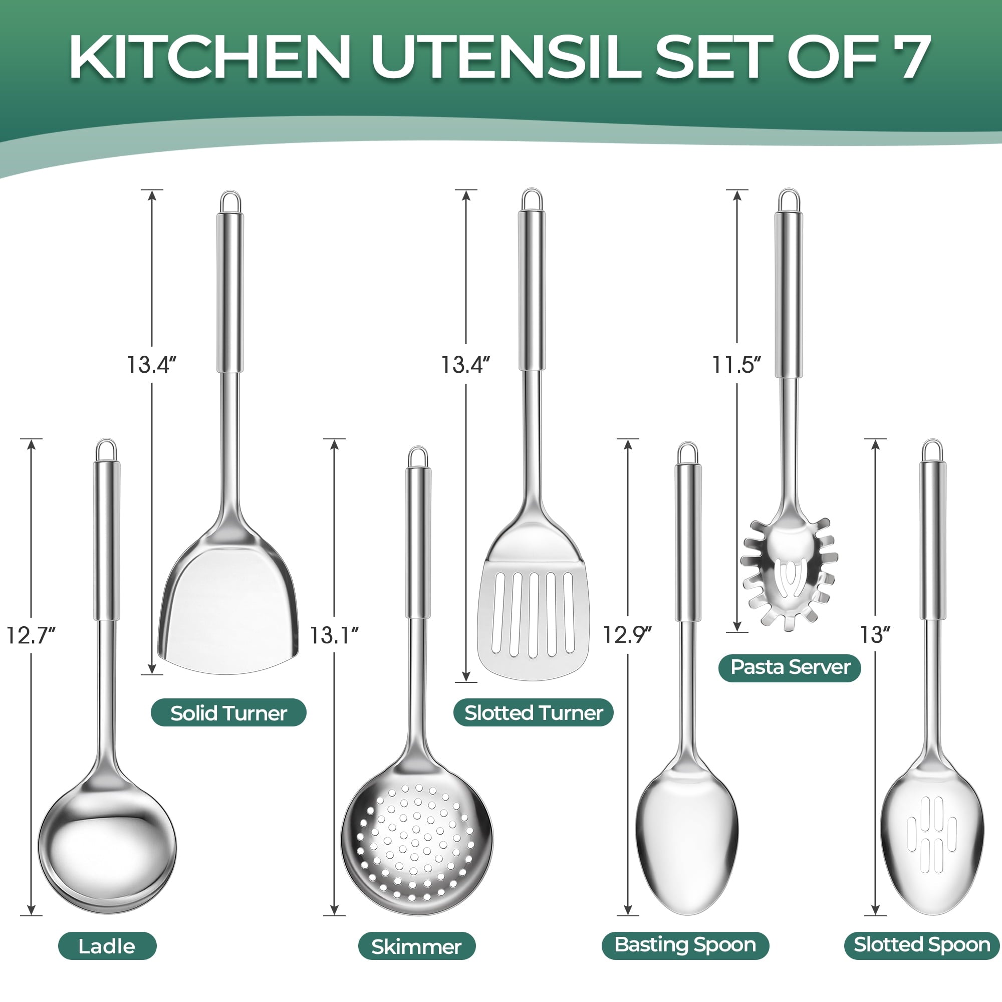 Walchoice Kitchen Utensils Set, 7 PCS Stainless Steel Cooking Tools, Metal Kitchen Tools Set, Heat Resistant & Dishwa... - Image 3