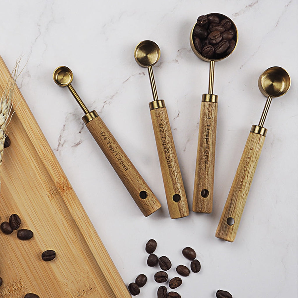 8Pcs Measure Cup and Spoon Set Gold Measuring Cup Spoon Set with Wooden Handle Stainless Steel Stackable Kitchen and ... - Image 4