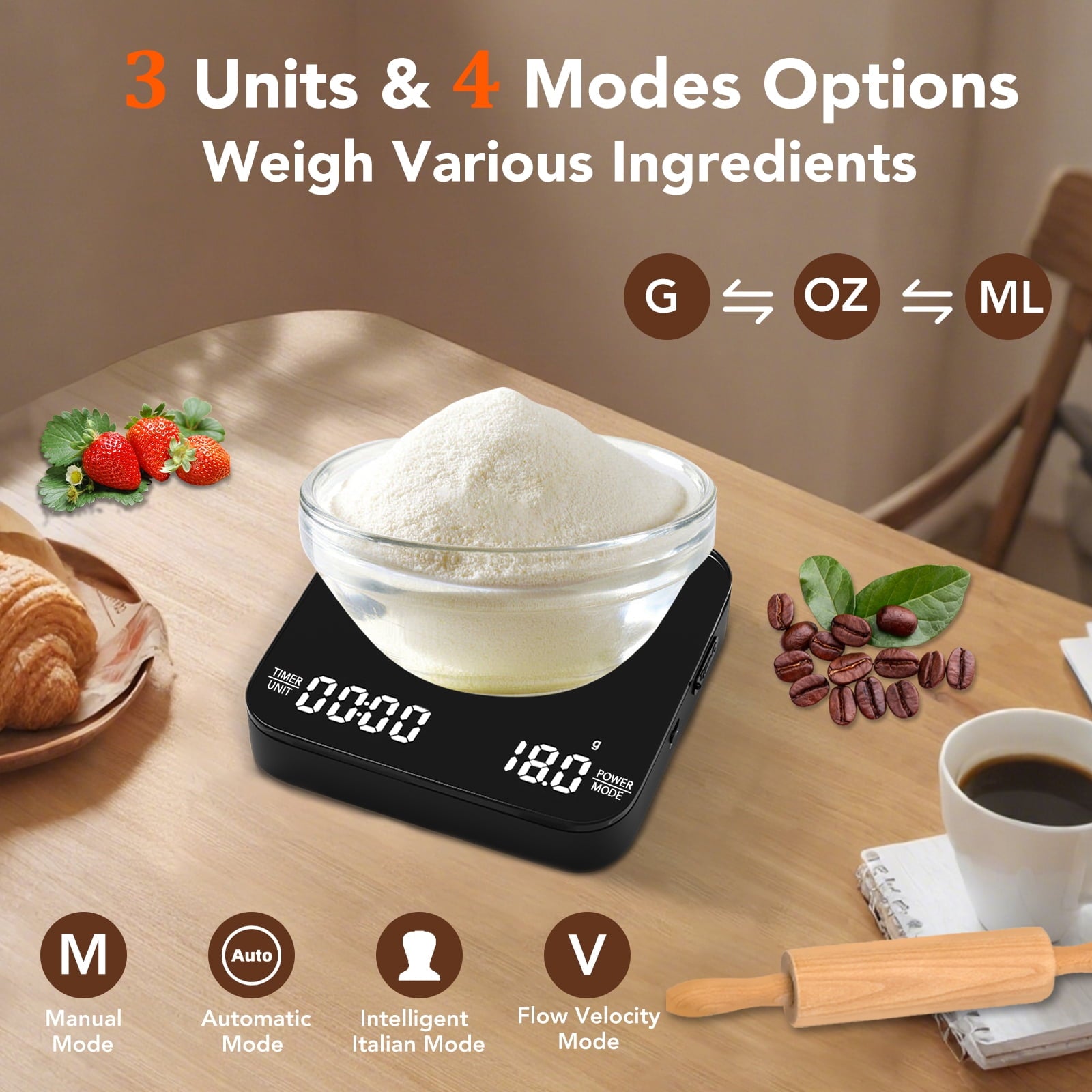 VAMOUT Coffee Scale with Timer, Rechargeable Mini Espresso Scale, 2kg/0.1g Accurate Food Scale for Pour-Over and Espr... - Image 6