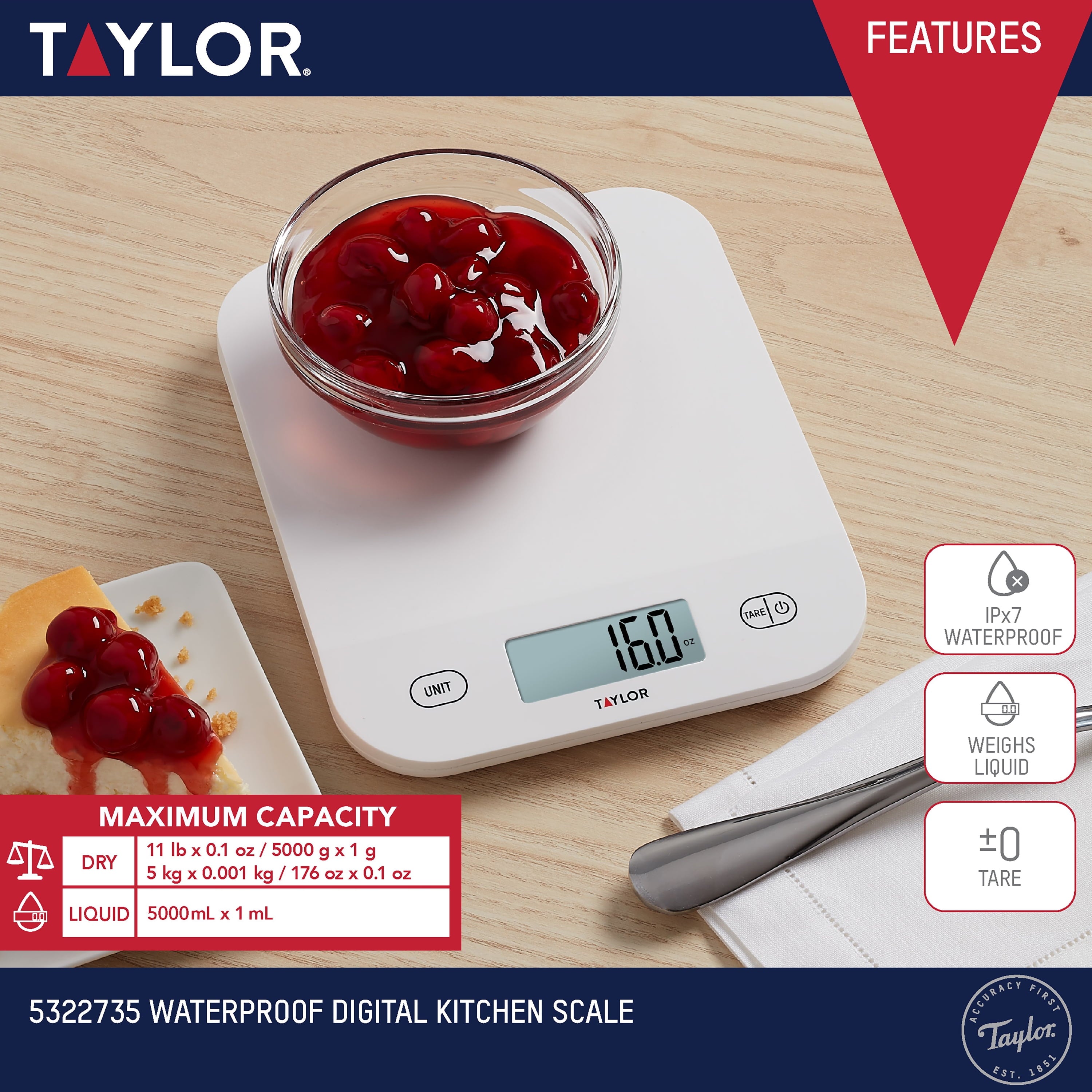 Taylor Digital Waterproof Kitchen and Food Scale with Grams & Ounces, White 11LB Capacity - Image 2