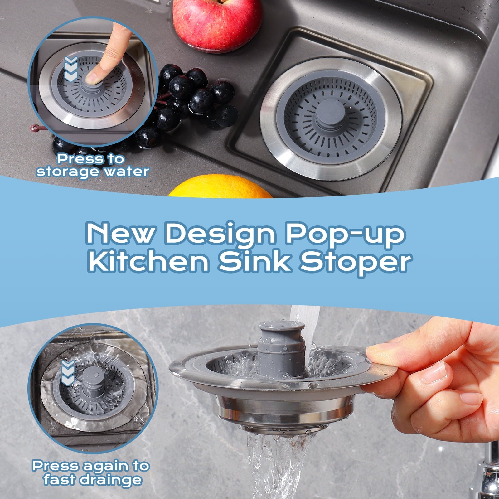 SAMODRA Upgraded 3 in 1 Kitchen Sink Strainer and Stopper, Stainless Steel Drain Strainer Combo for Kitchen Sink, US ... - Image 4