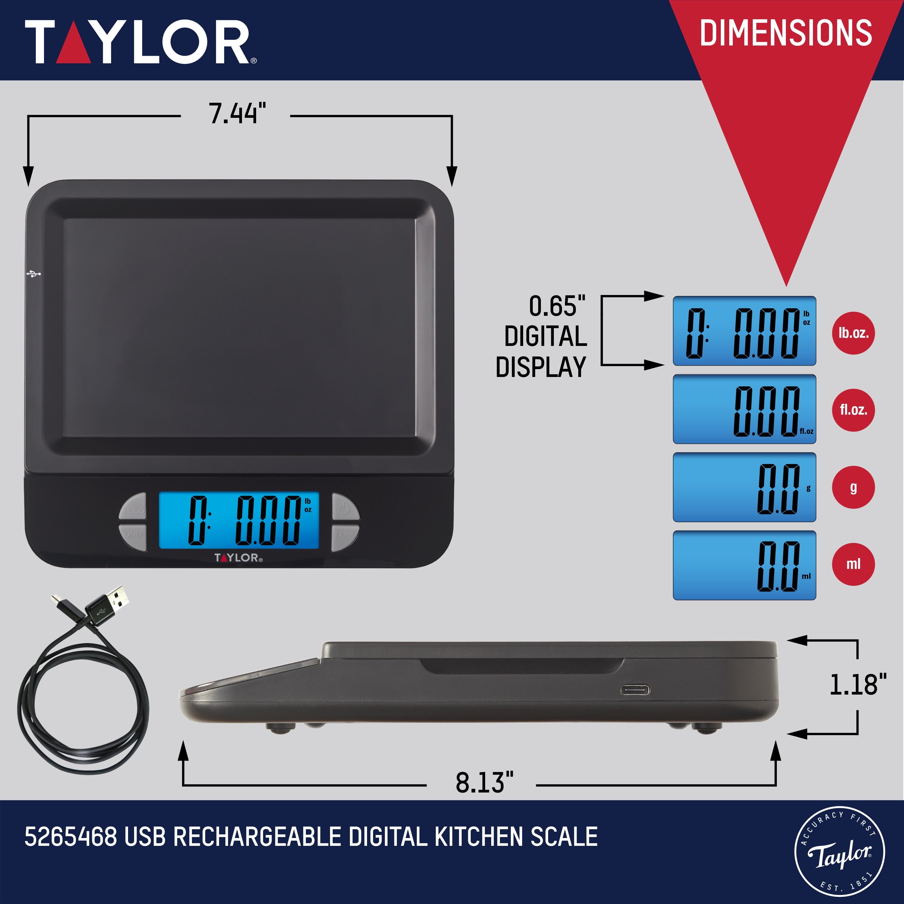 Taylor USB Rechargeable Precision Digital Kitchen Scale and Food Scale, 11 lb. Capacity Black - Image 3