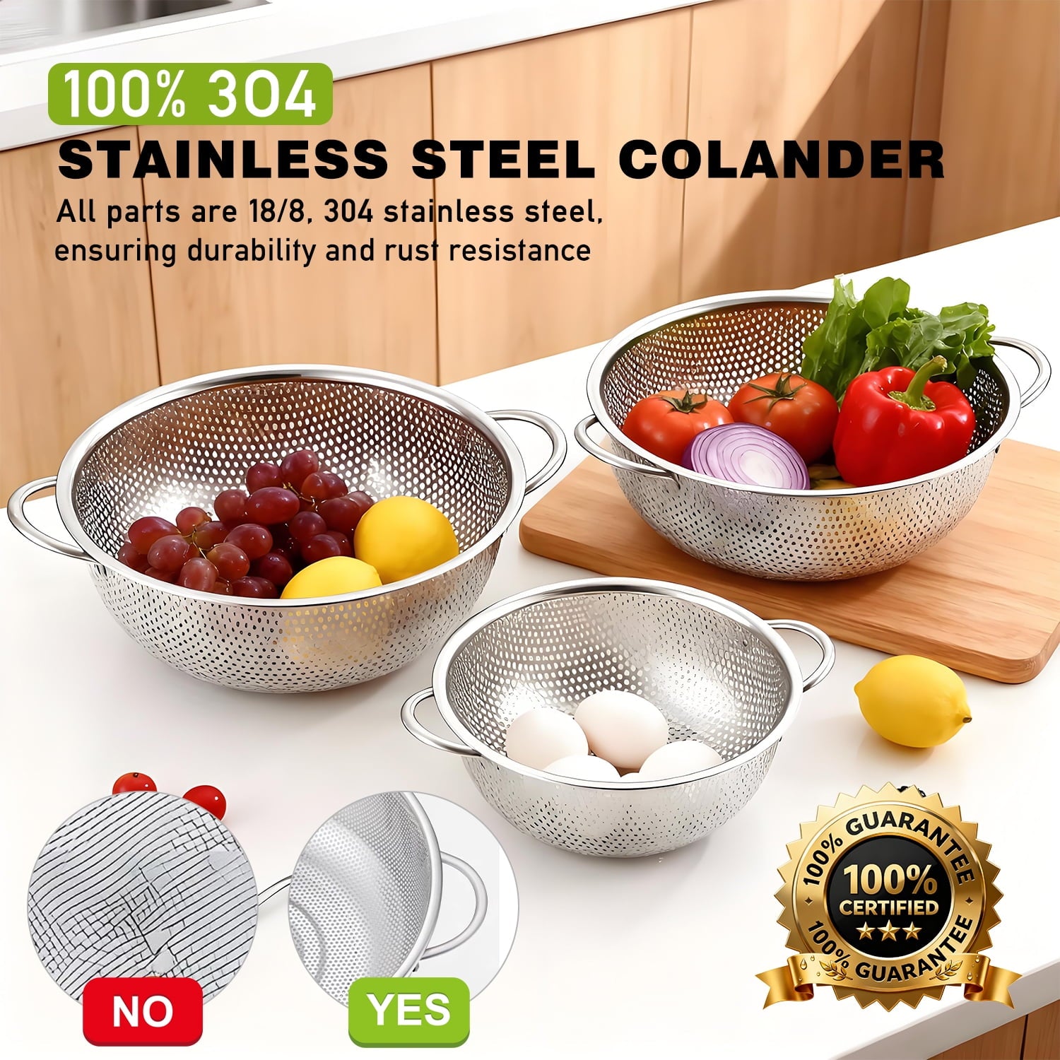 Colander Set of 3, AOKIWO Stainless Steel Micro-Perforated Colanders Strainers for Draining Rinsing Washing, Ideal fo... - Image 2
