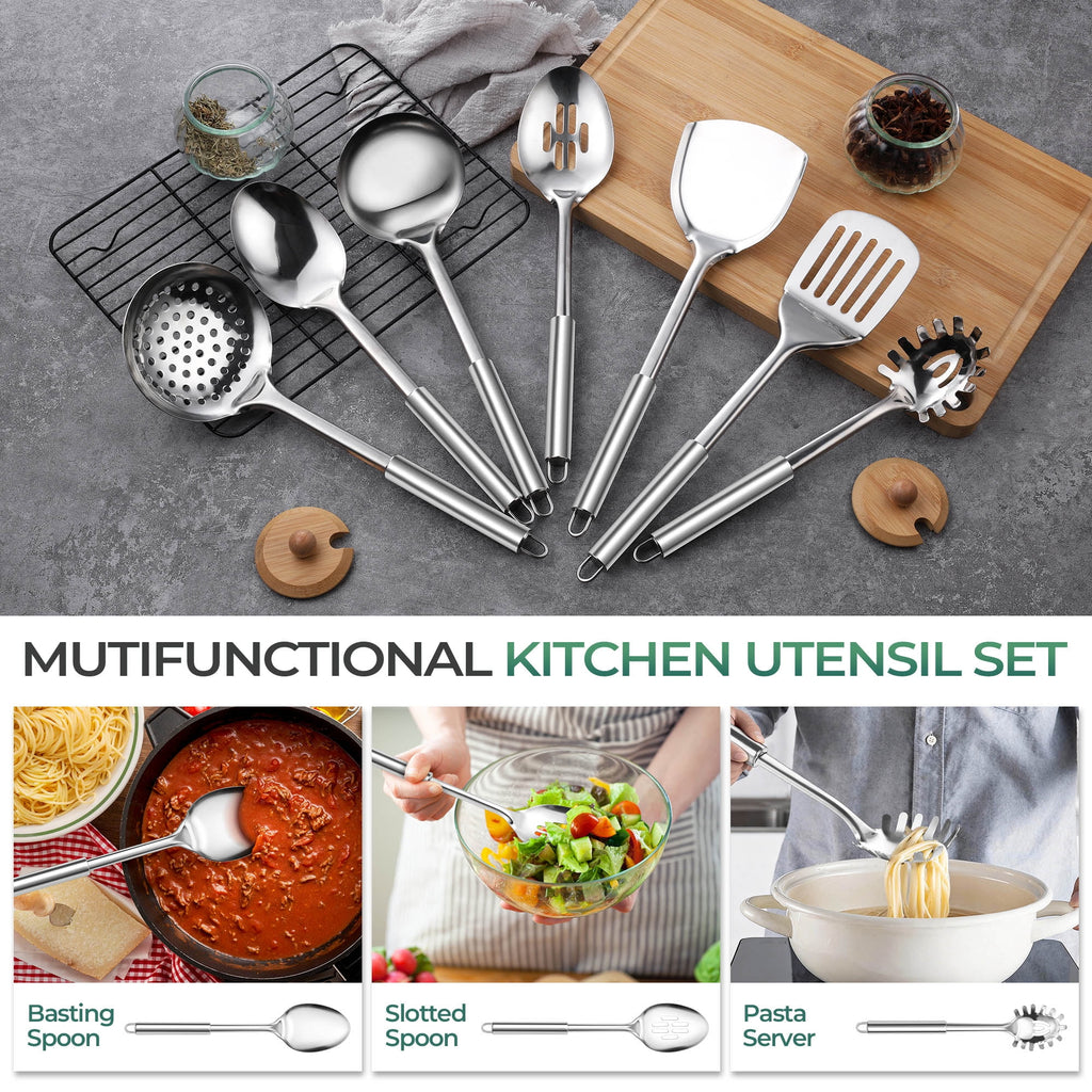 Walchoice Kitchen Utensils Set, 7 PCS Stainless Steel Cooking Tools, Metal Kitchen Tools Set, Heat Resistant & Dishwa... - Image 4