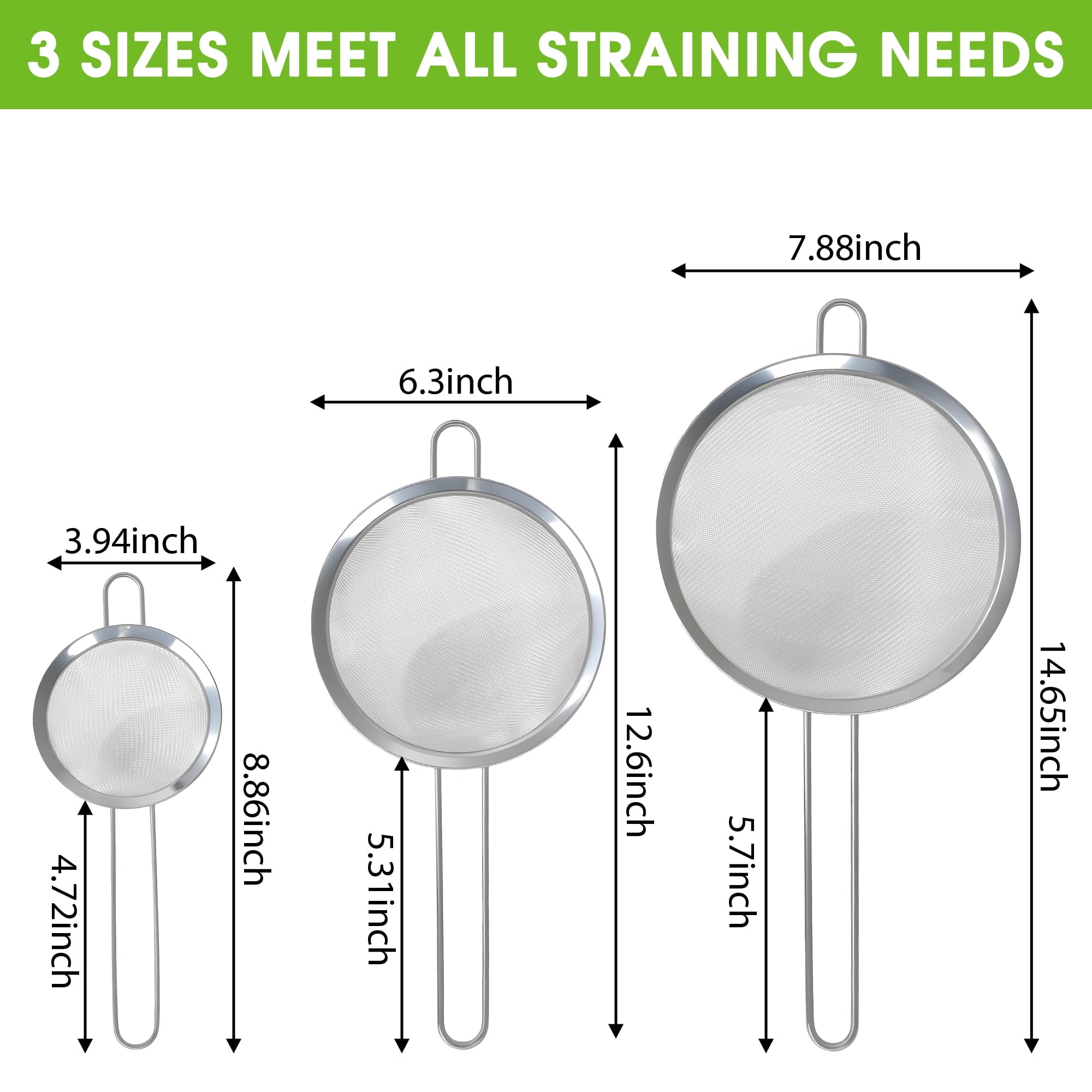 GARITIN 3-Piece Stainless Steel Fine Mesh Strainer Set, 4", 6", and 8", Kitchen Thin Mesh Strainer for Tea Flour Suga... - Image 2
