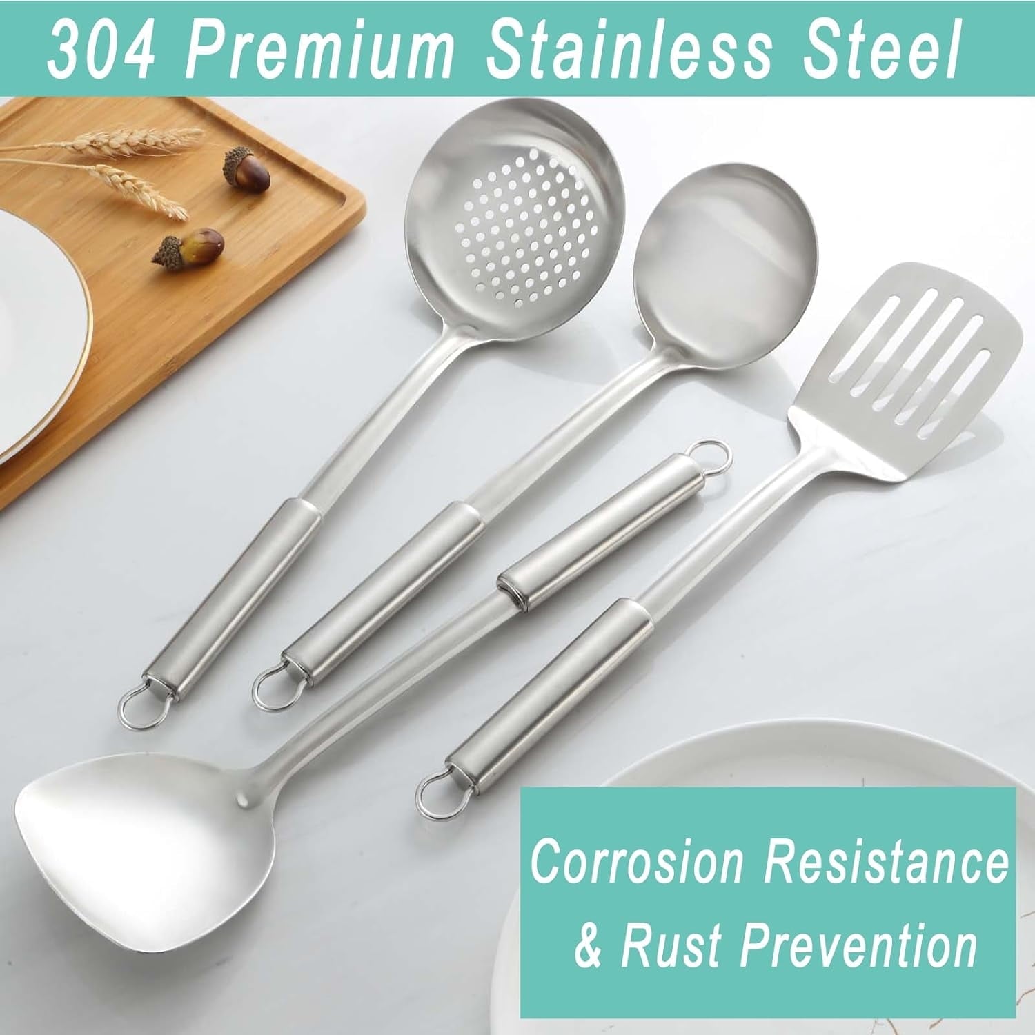 Mirdinner 4 Pcs Cooking Utensils Set, 304 Stainless Steel Kitchen Utensils, Include Wok Ladle, Slotted Spoon, Wok Spa... - Image 4