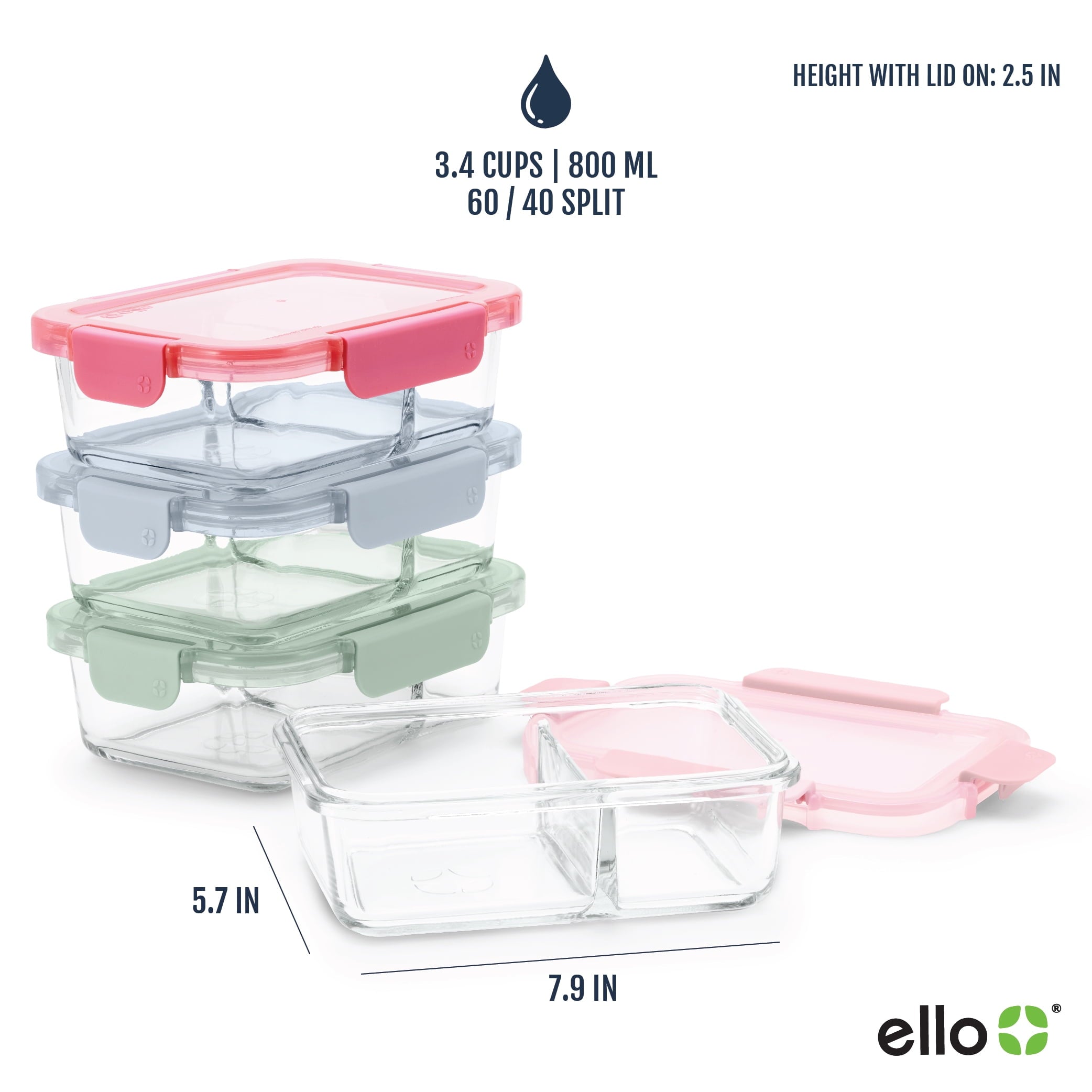 Ello Color Lock 8pc 3.4 Cup Divided Glass Meal Prep Set - Image 6
