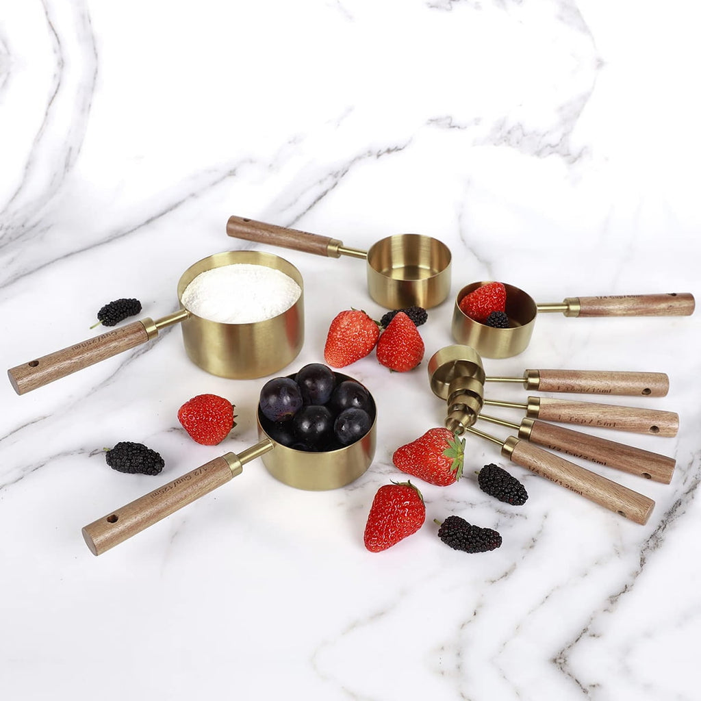 8Pcs Measure Cup and Spoon Set Gold Measuring Cup Spoon Set with Wooden Handle Stainless Steel Stackable Kitchen and ... - Image 6