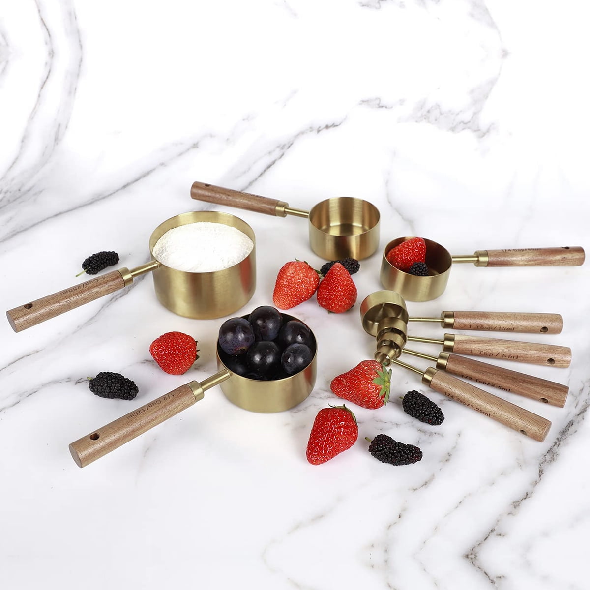 8Pcs Measure Cup and Spoon Set Gold Measuring Cup Spoon Set with Wooden Handle Stainless Steel Stackable Kitchen and ... - Image 6